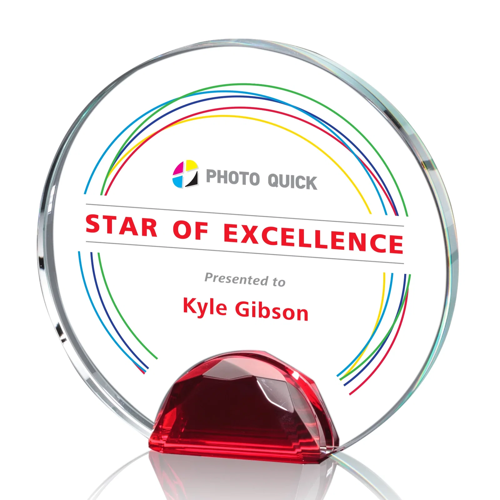 Branded Optical Crystal Round Award on Faceted Sky Blue Base, awards for graduation ceremonies