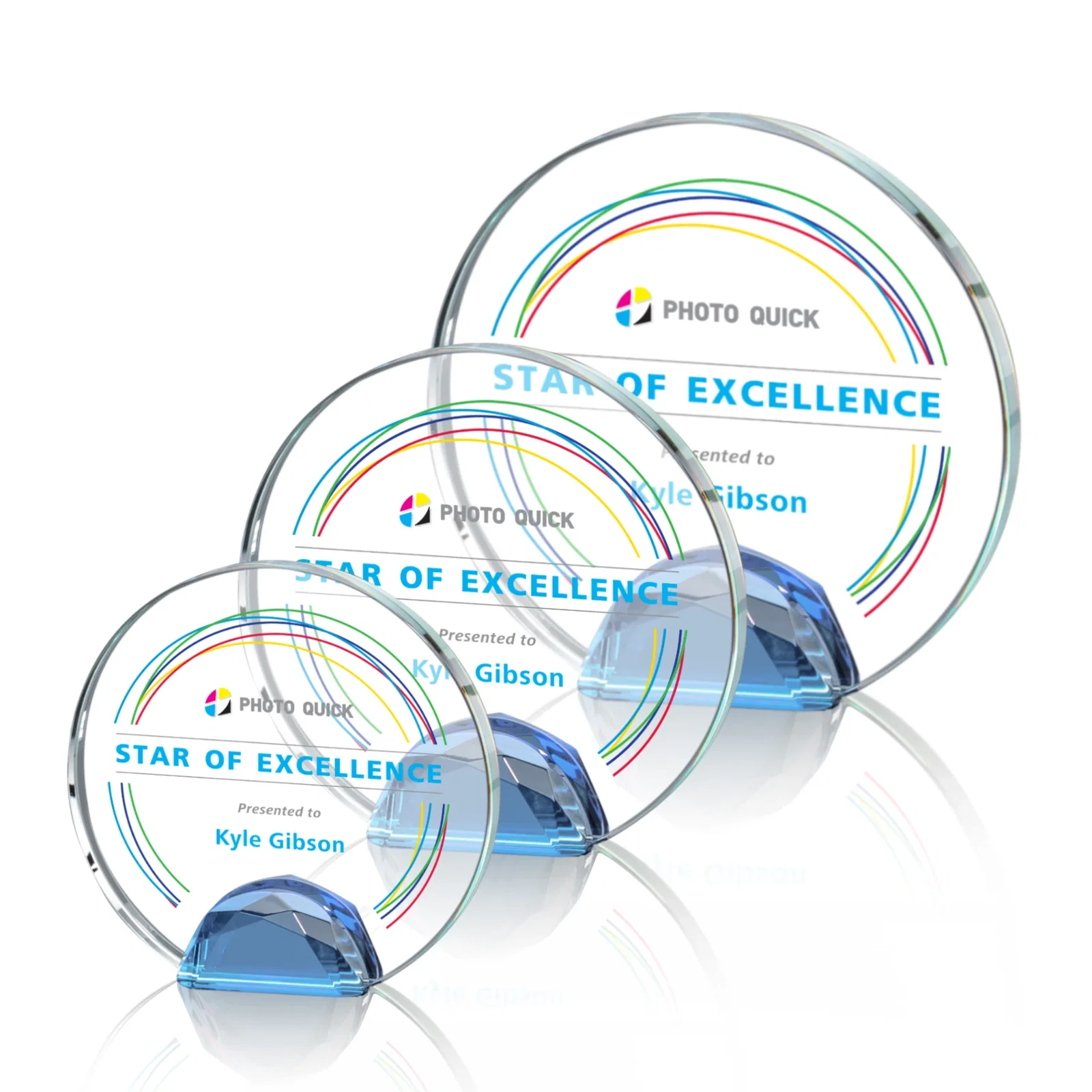 Branded Optical Crystal Round Award on Faceted Sky Blue Base, awards for safety achievement programs