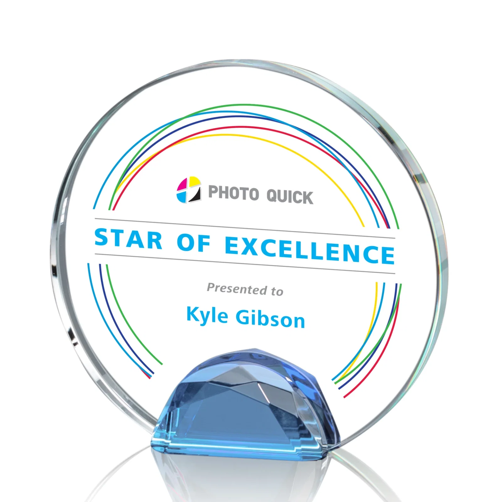 Branded Optical Crystal Round Award on Faceted Sky Blue Base, awards for volunteer appreciation