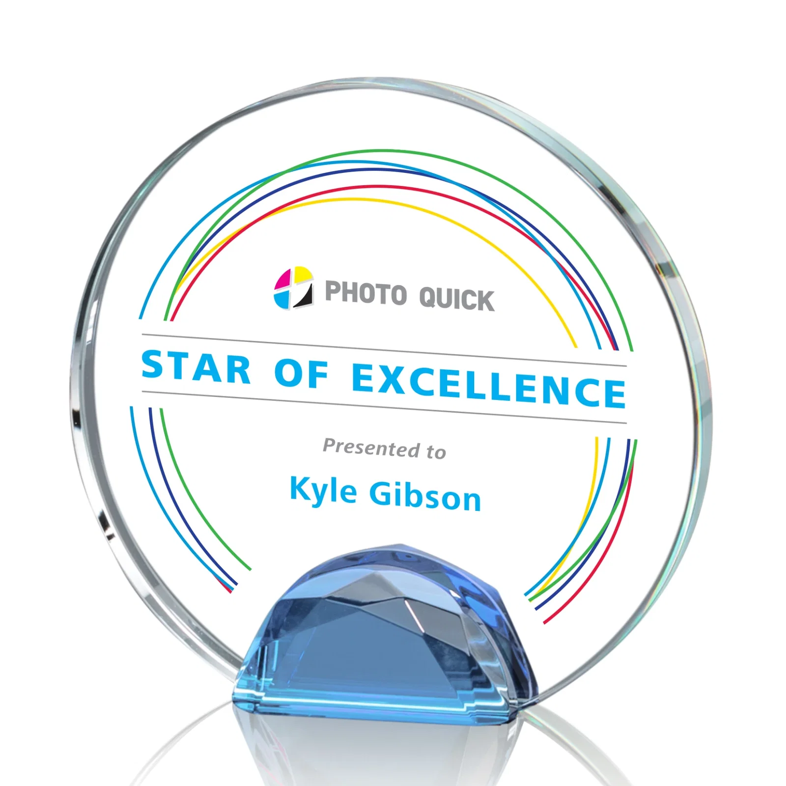 Branded Optical Crystal Round Award on Faceted Sky Blue Base, awards for dealer and partner awards