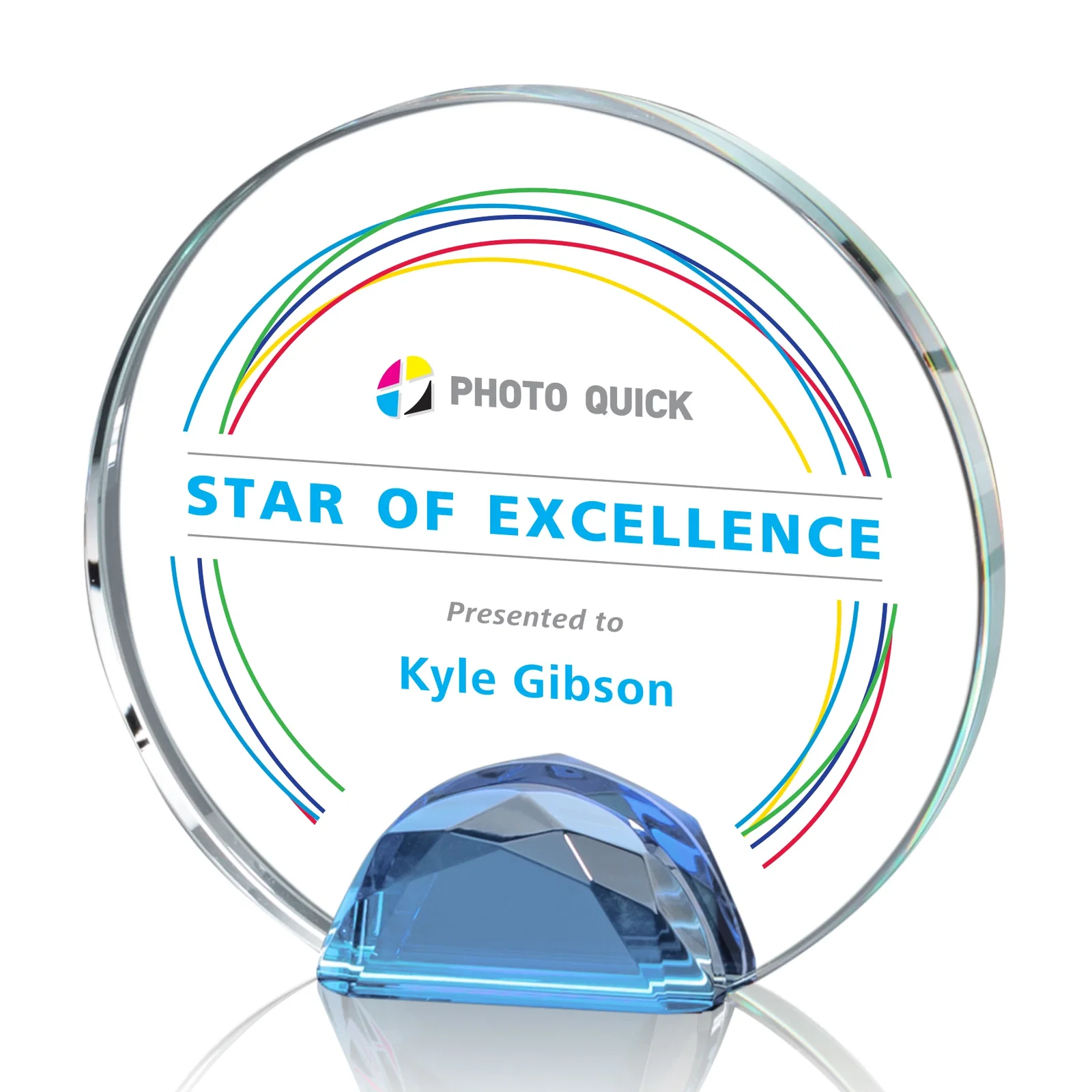 Branded Optical Crystal Round Award on Faceted Sky Blue Base, awards for company anniversary events