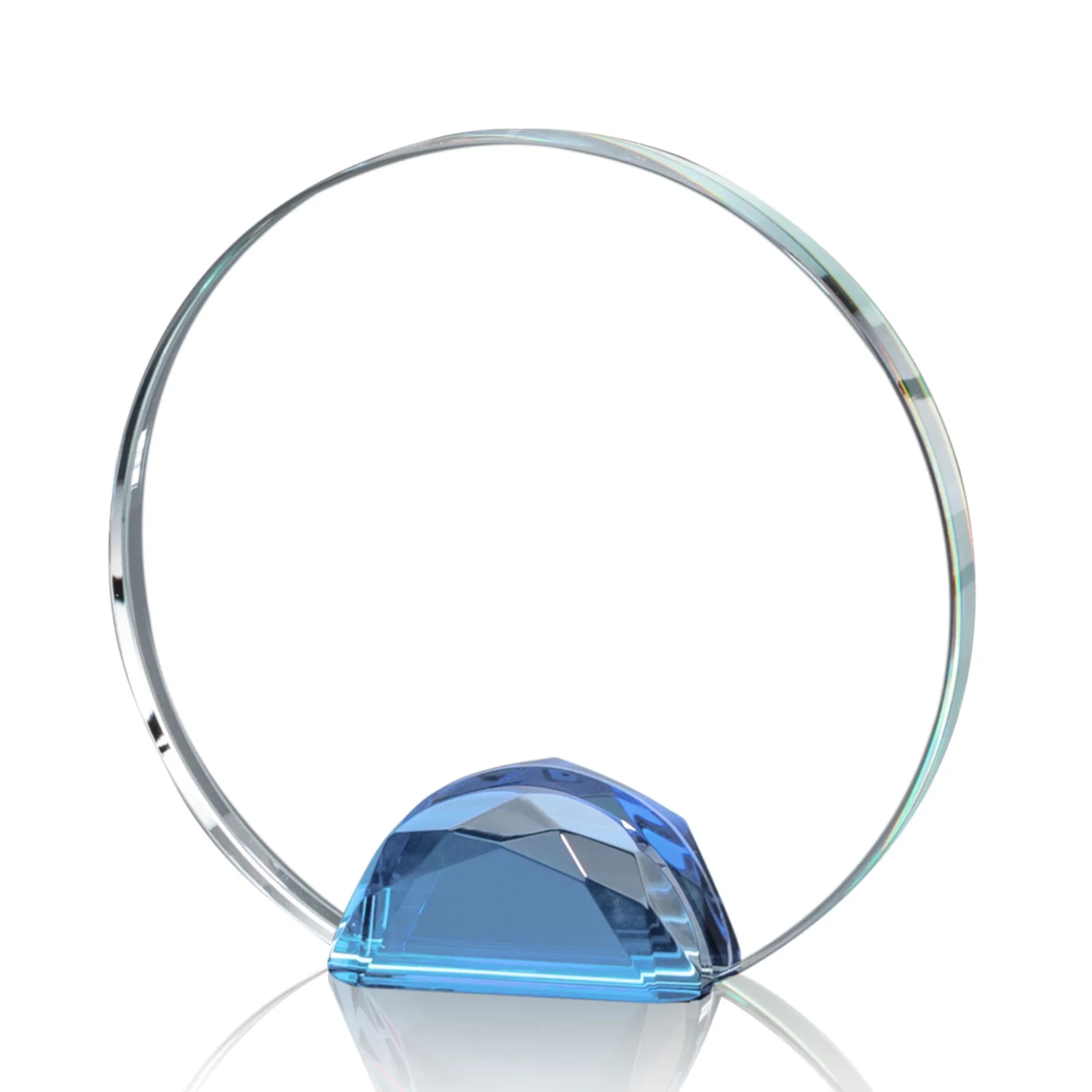 Custom printed Optical Crystal Round Award on Faceted Sky Blue Base, awards for employee recognition