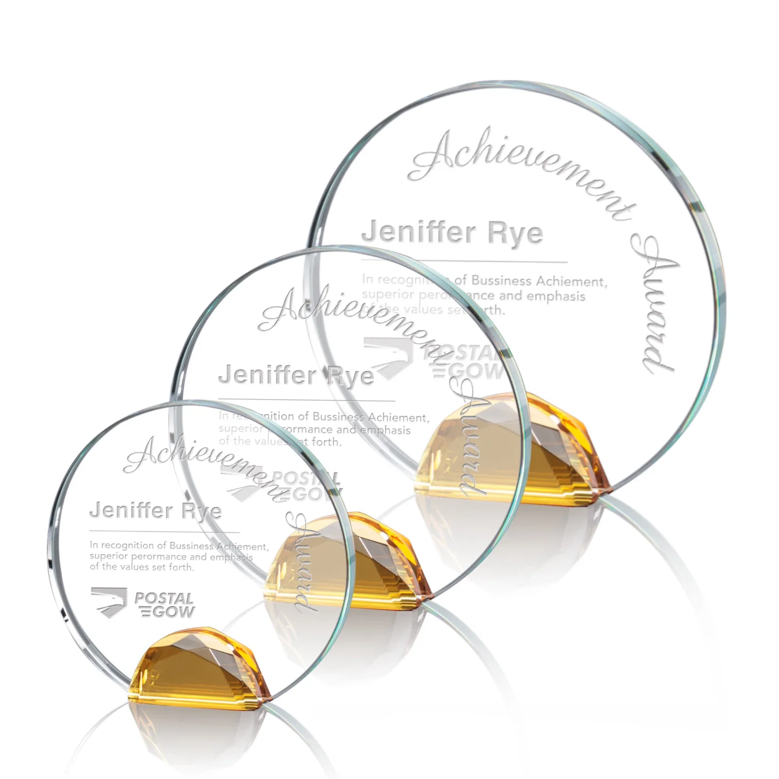 Custom Optical Crystal Round Award on Faceted Sky Blue Base, awards for retirement presentations