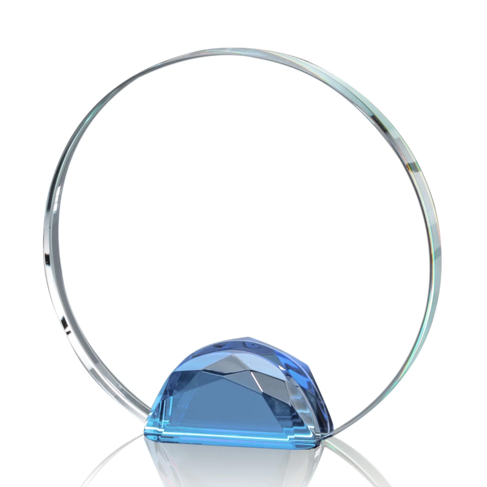 Custom printed Optical Crystal Round Award on Faceted Sky Blue Base, awards for corporate award ceremonies