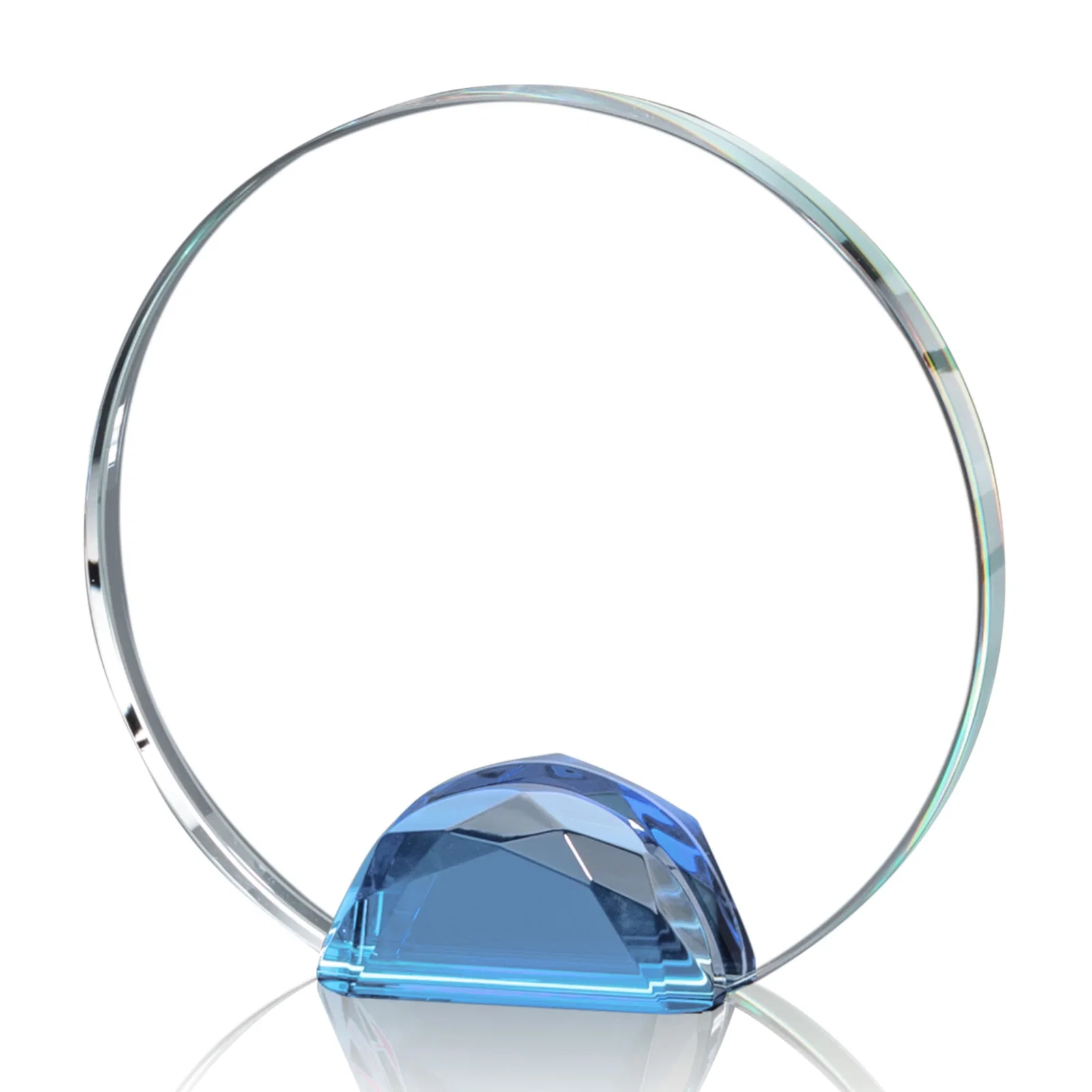 Custom printed Optical Crystal Round Award on Faceted Sky Blue Base, awards for service anniversary gifts