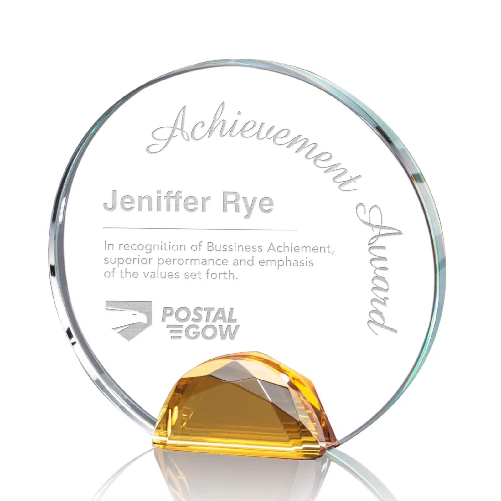 Custom Optical Crystal Round Award on Faceted Sky Blue Base, awards for team milestone celebrations