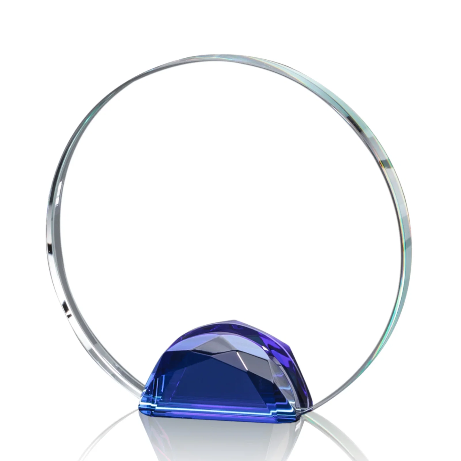 Customized Optical Crystal Round Award on Faceted Sky Blue Base, awards for employee recognition