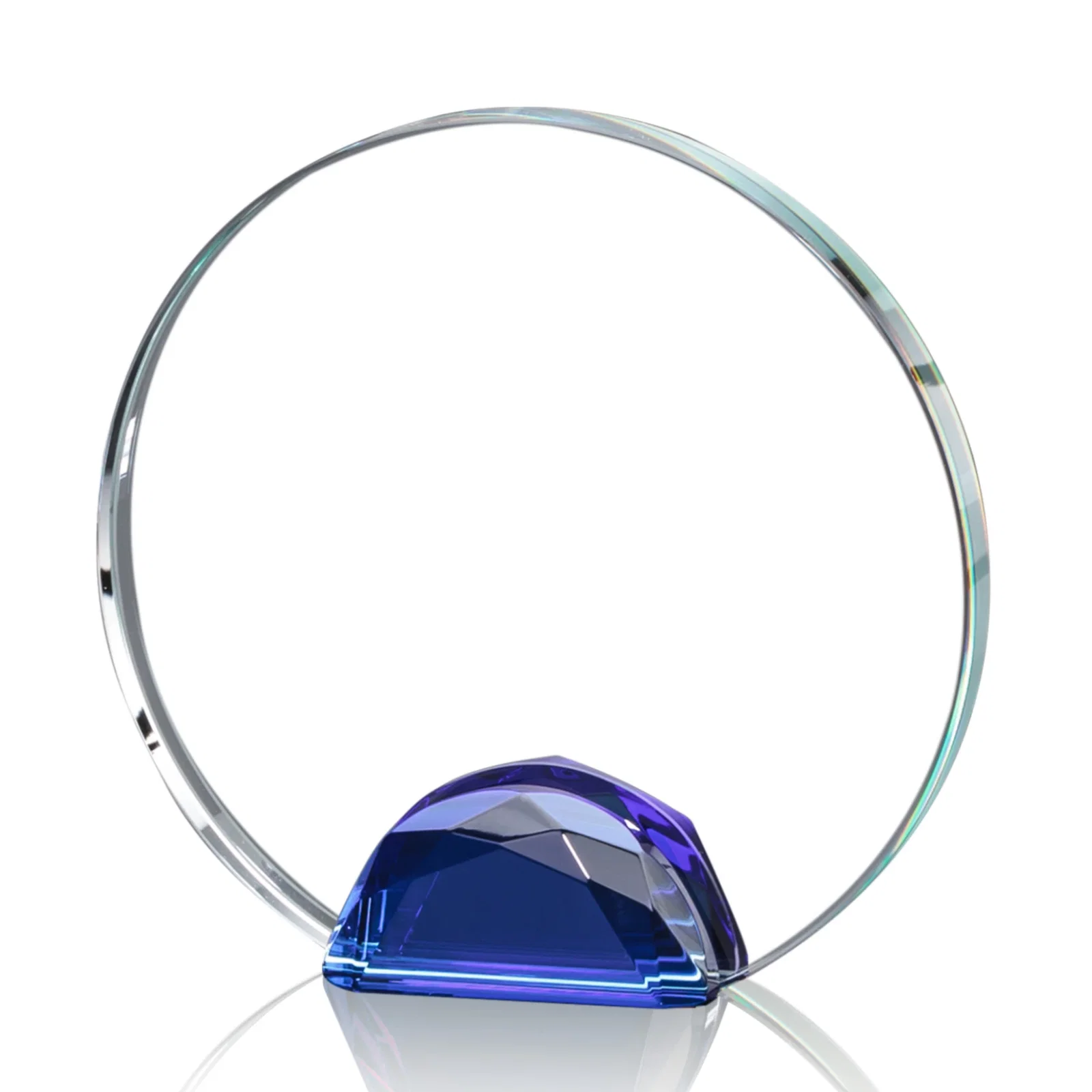 Customized Optical Crystal Round Award on Faceted Sky Blue Base, awards for corporate award ceremonies