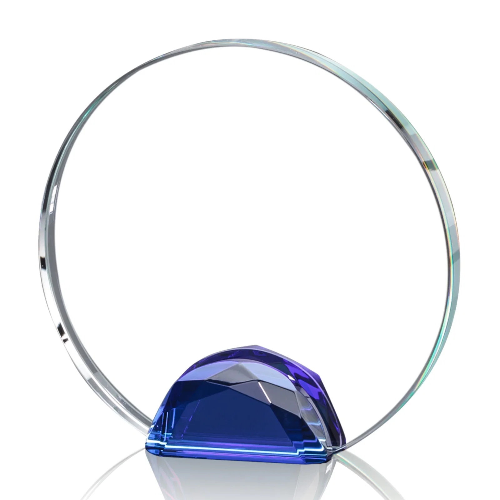 Customized Optical Crystal Round Award on Faceted Sky Blue Base, awards for service anniversary gifts