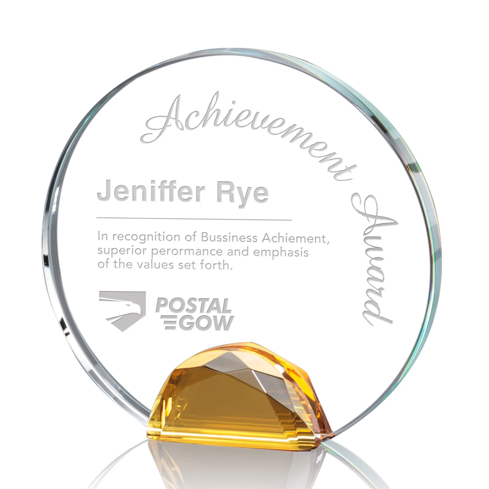 Custom Optical Crystal Round Award on Faceted Sky Blue Base, awards for donor appreciation