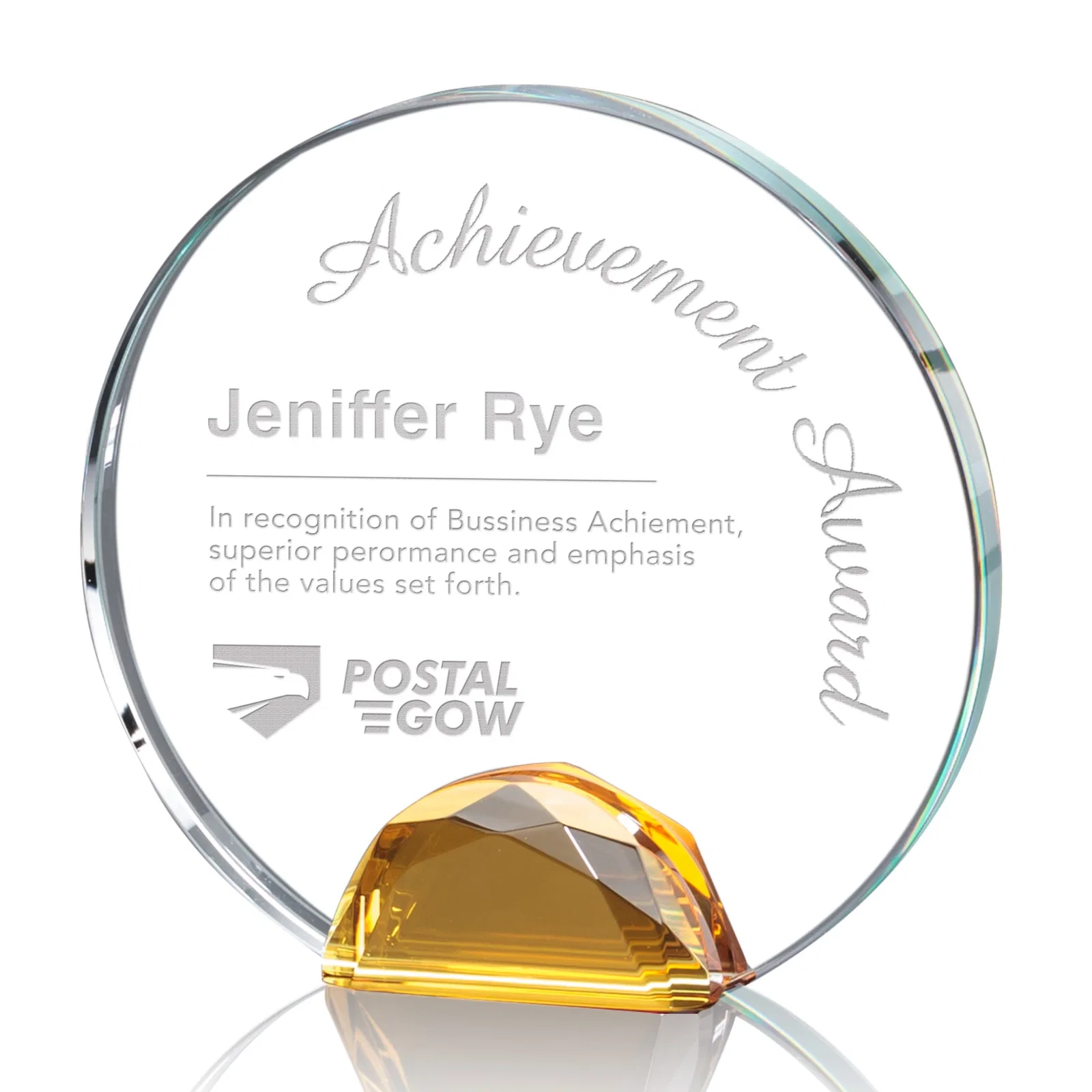 Custom Optical Crystal Round Award on Faceted Sky Blue Base, awards for graduation ceremonies