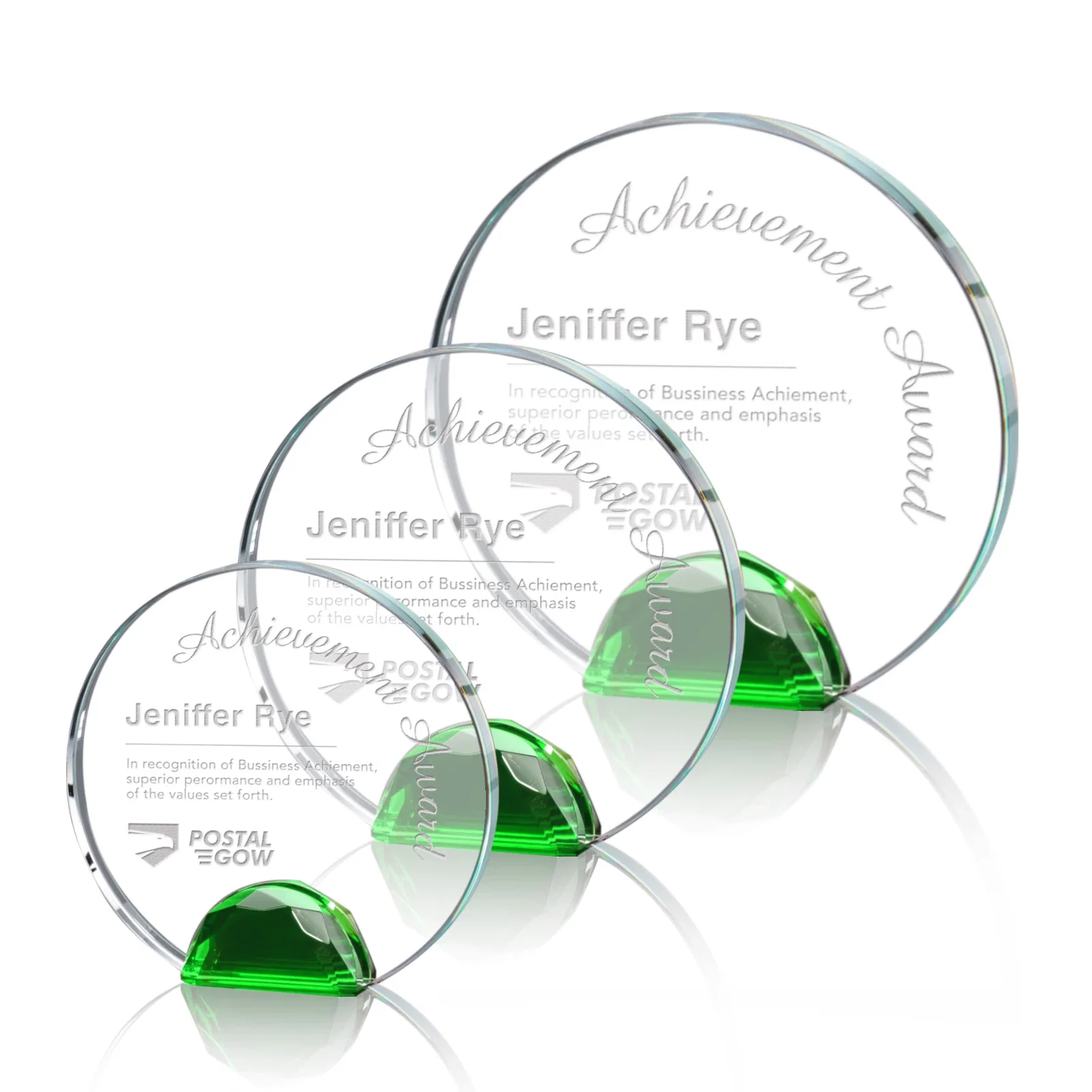 Custom Optical Crystal Round Award on Faceted Sky Blue Base, awards for safety achievement programs