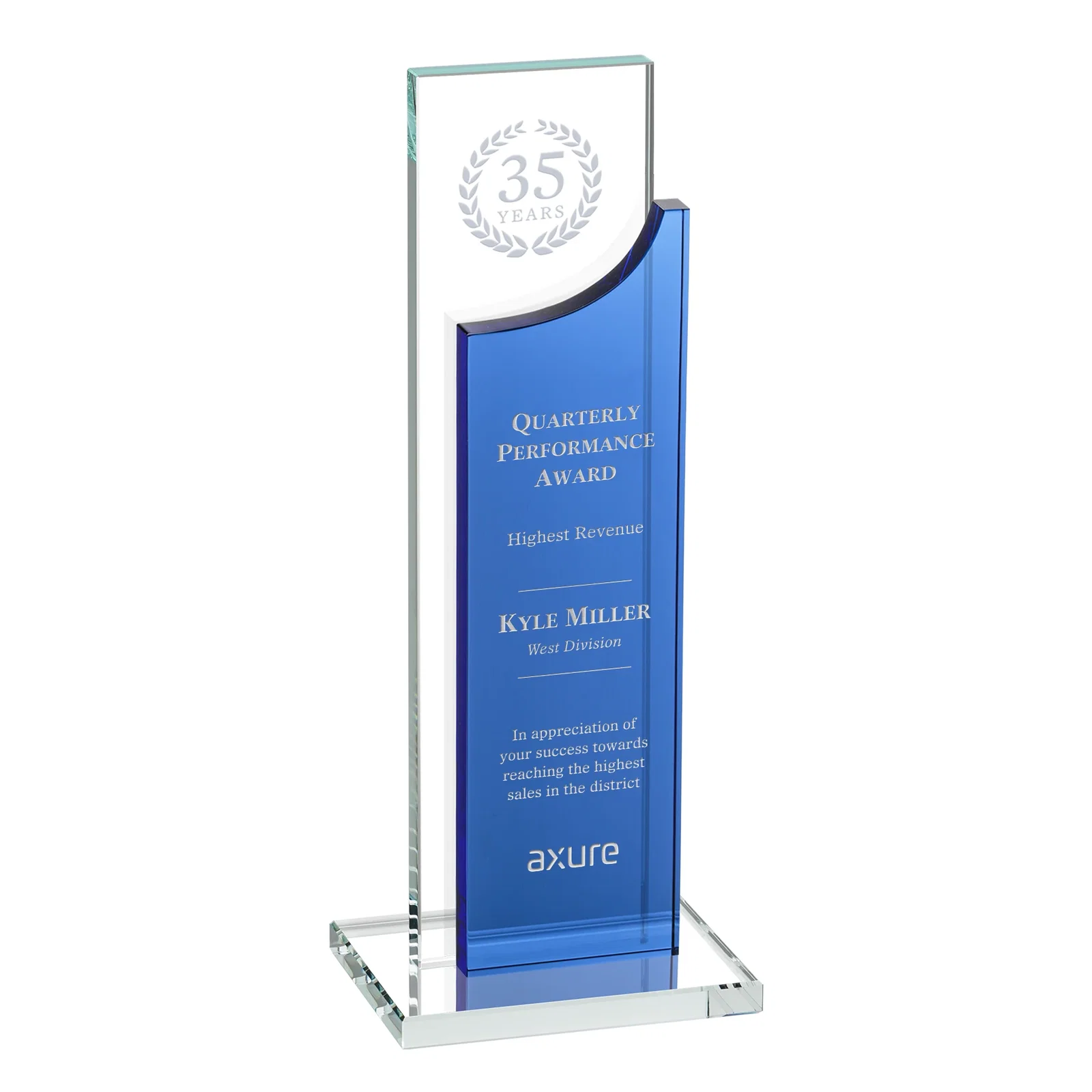 Custom Optical Crystal Award with Clear and Colored Double Pane, awards for company anniversary events