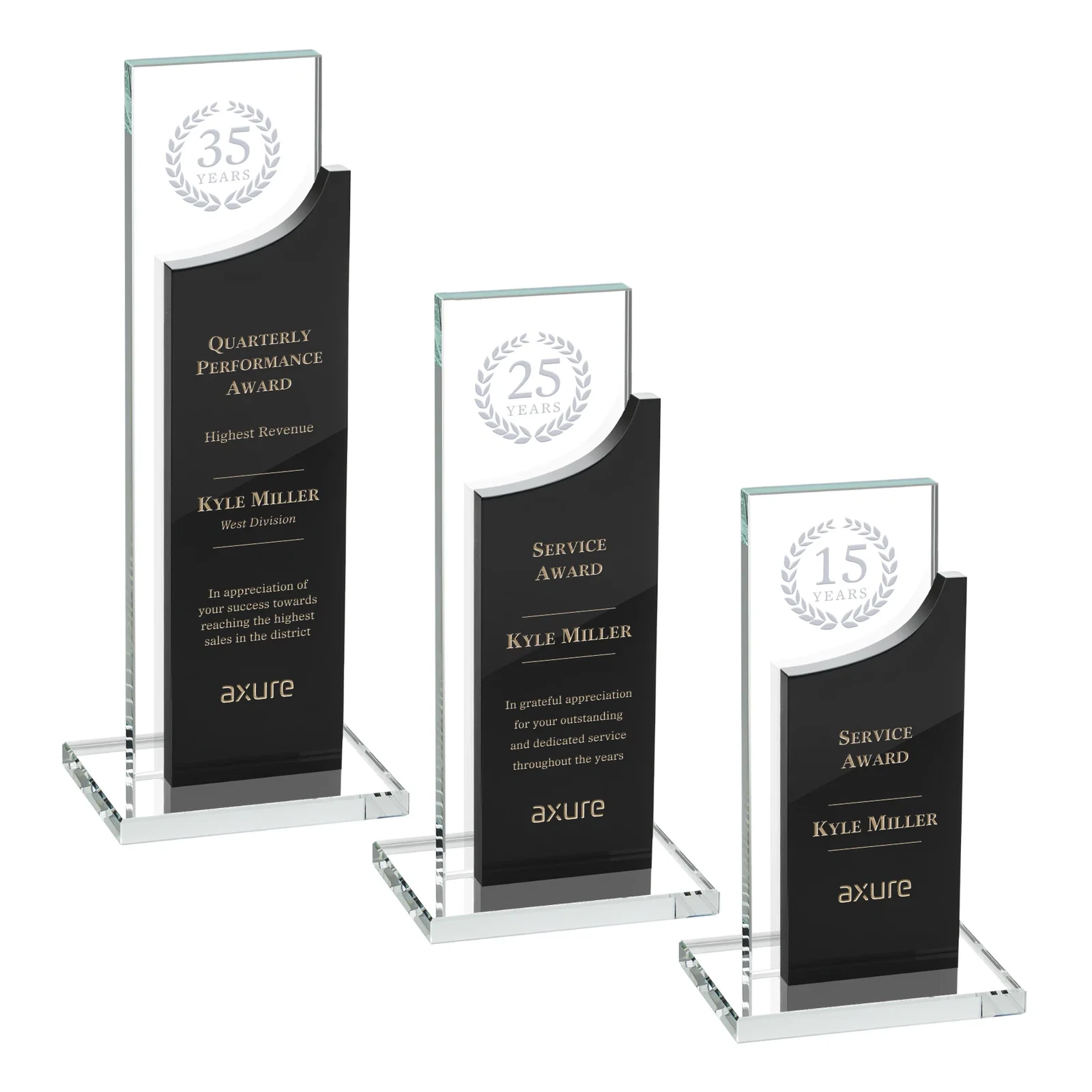 Custom Optical Crystal Award with Clear and Colored Double Pane, awards for retirement presentations