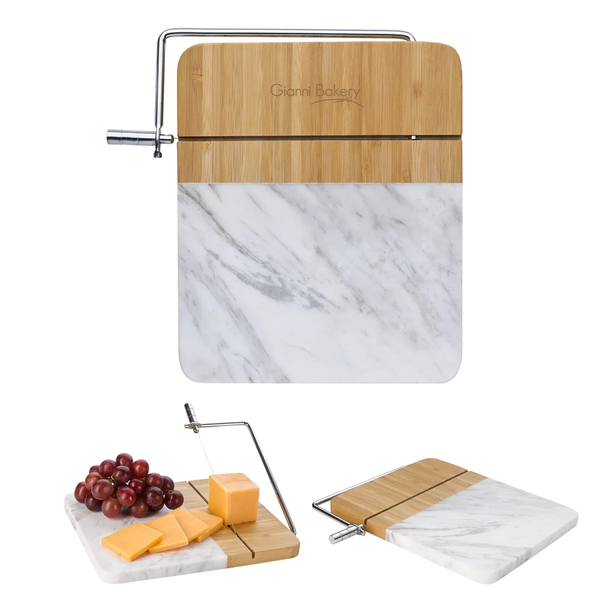 White marble and bamboo cheese board with a slicer