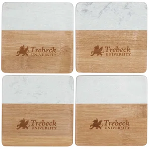 Marble and Bamboo Coaster Set (4 Pieces)