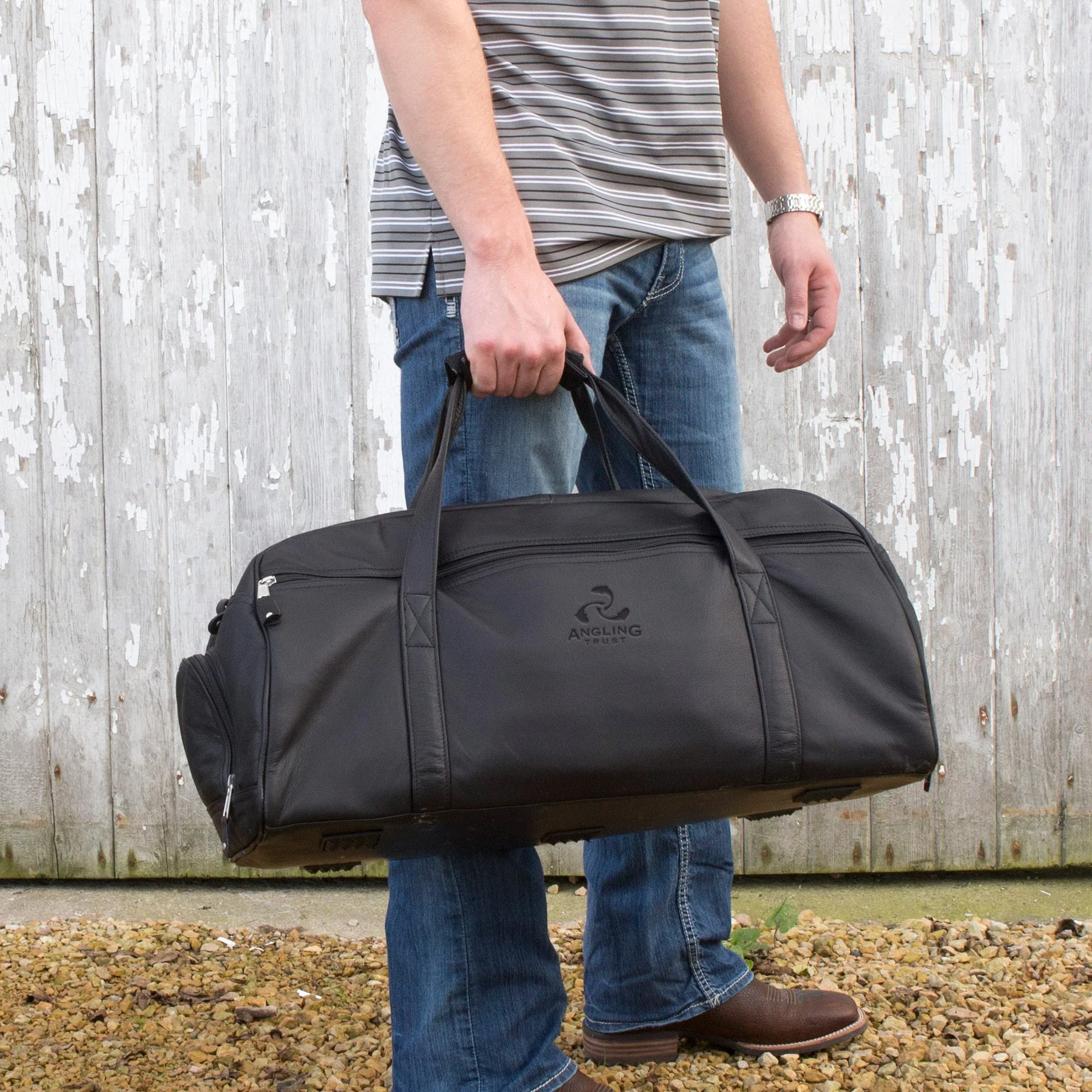 Marble Canyon Leather Sport Duffel Bag held in hand