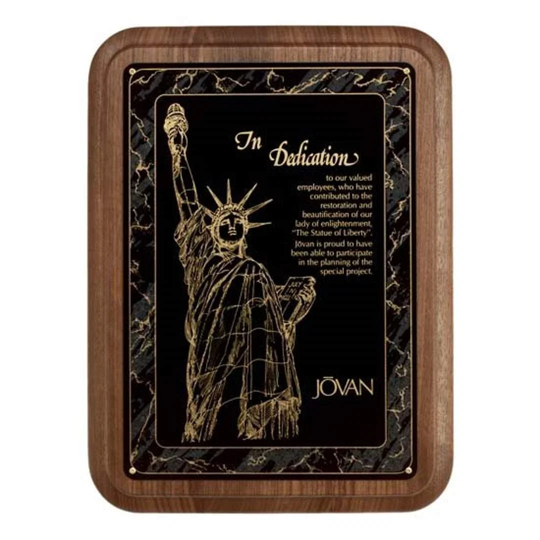 Custom Walnut Plaque With Black And Gold Crystalline Marble Border for employee recognition