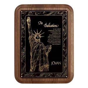 Walnut Plaque With Black And Gold Crystalline Marble Border