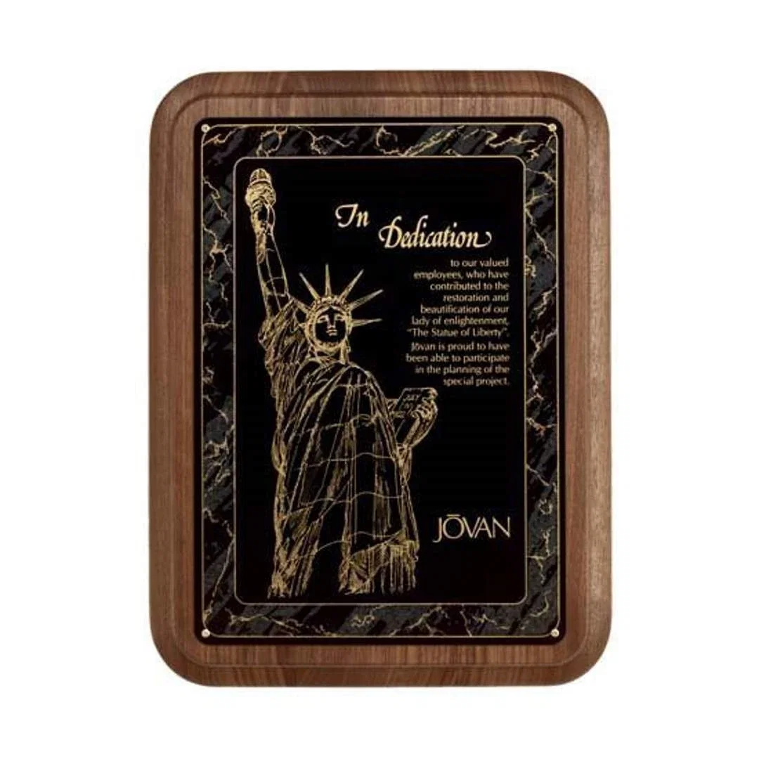 Custom Walnut Plaque With Black And Gold Crystalline Marble Border for service anniversary gifts