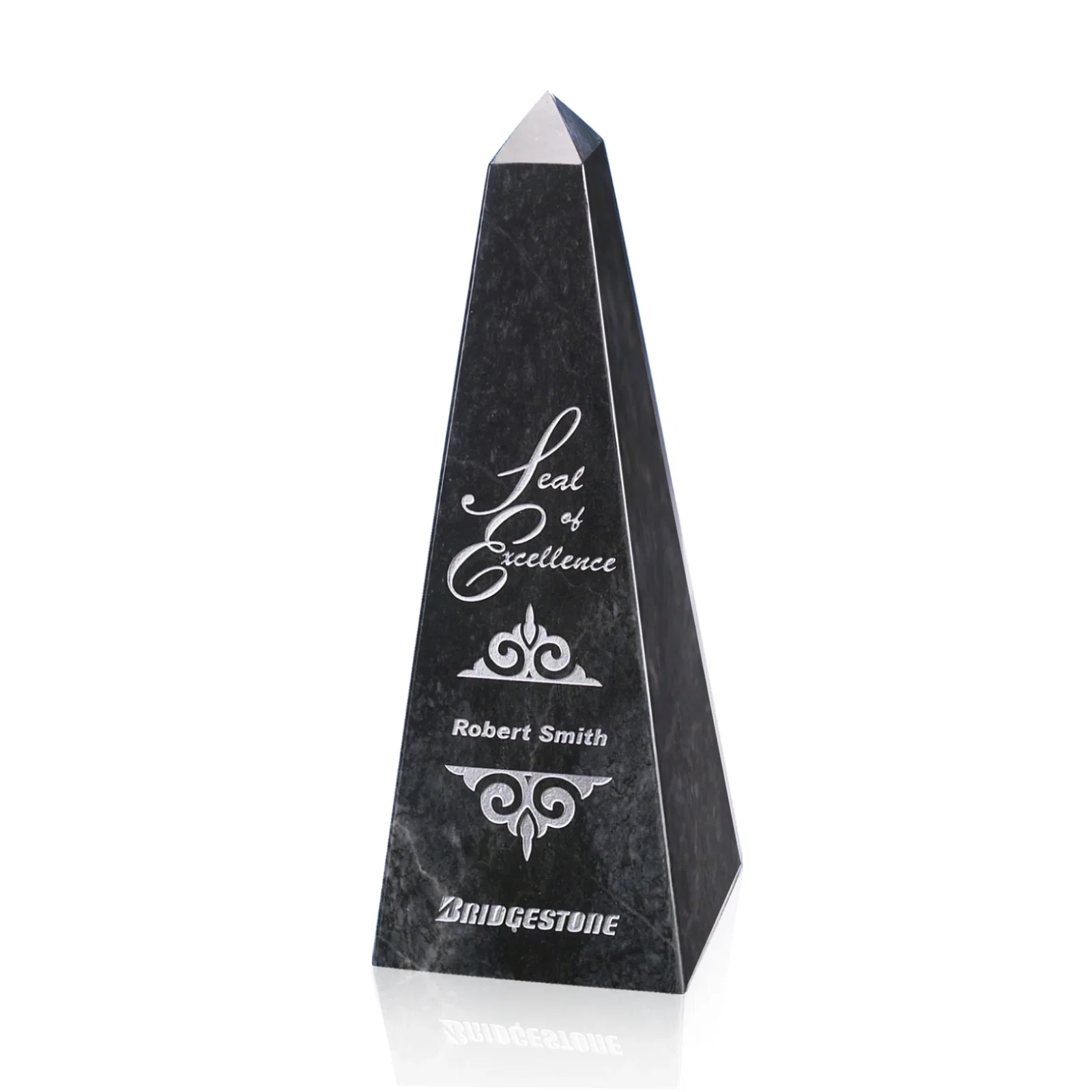 Custom Polished Black Marble Obelisk Award, Up to 16 Inches Tall for service anniversary gifts