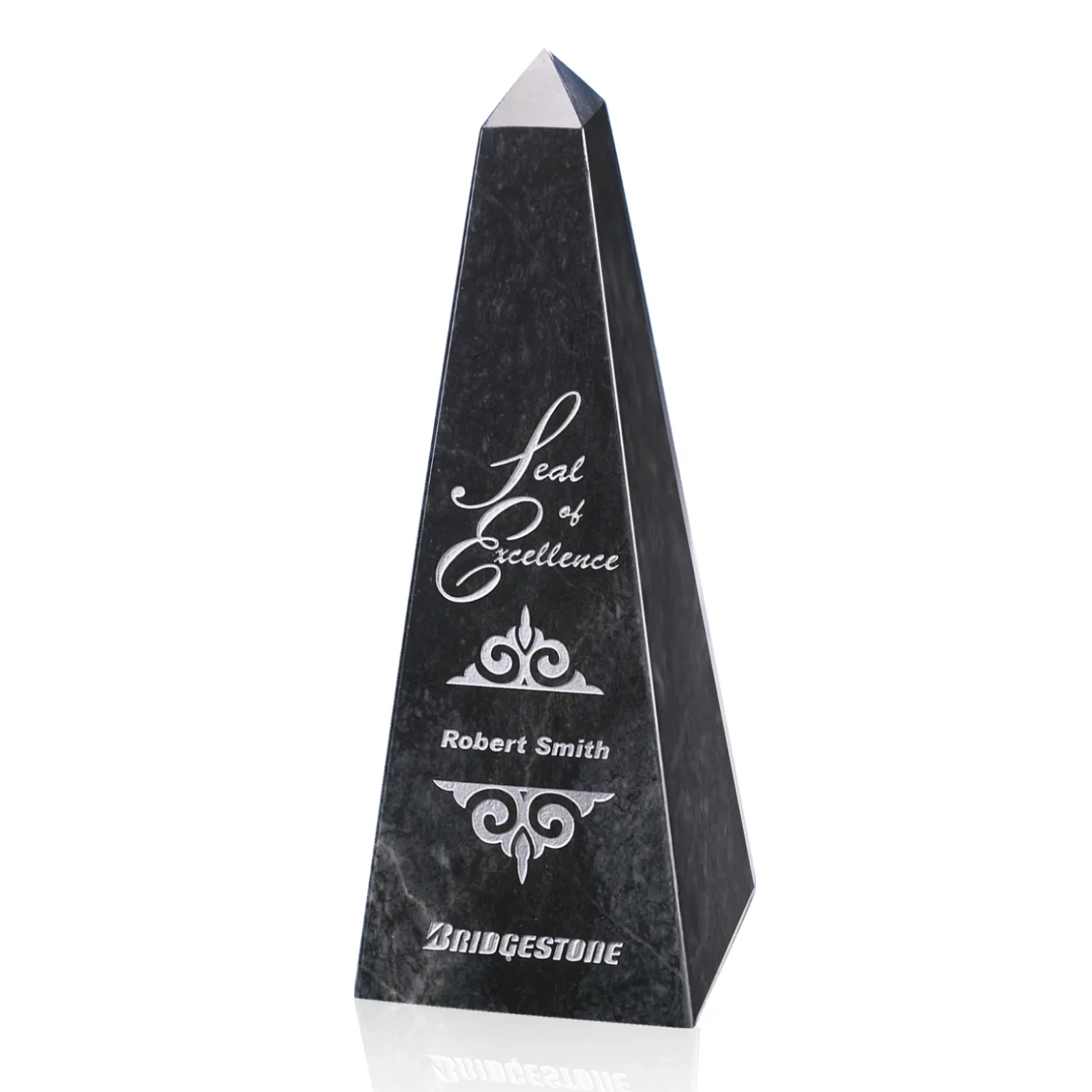 Custom Polished Black Marble Obelisk Award, Up to 16 Inches Tall for retirement presentations
