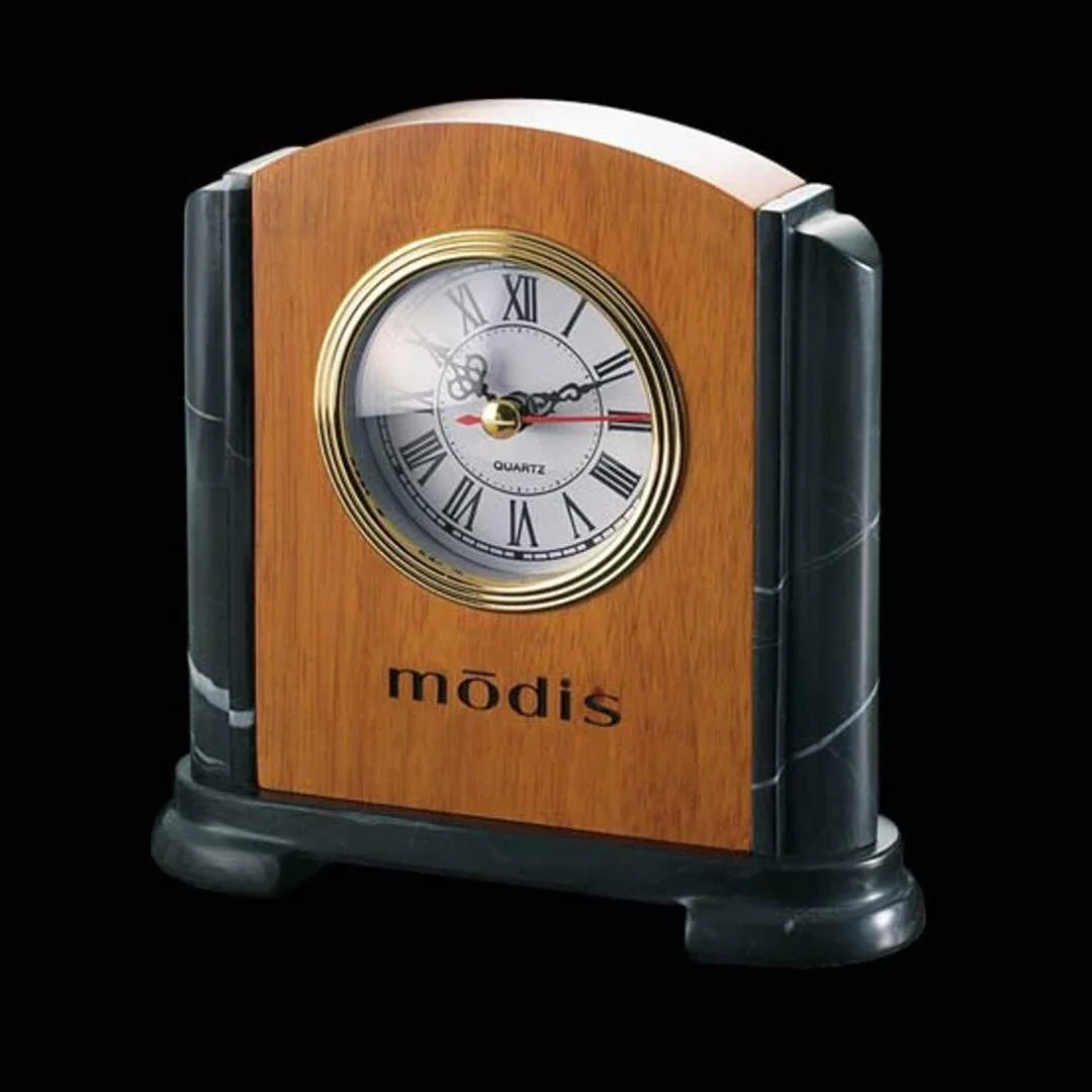 Custom Marble and Wood Combination Desk Clock for employee recognition