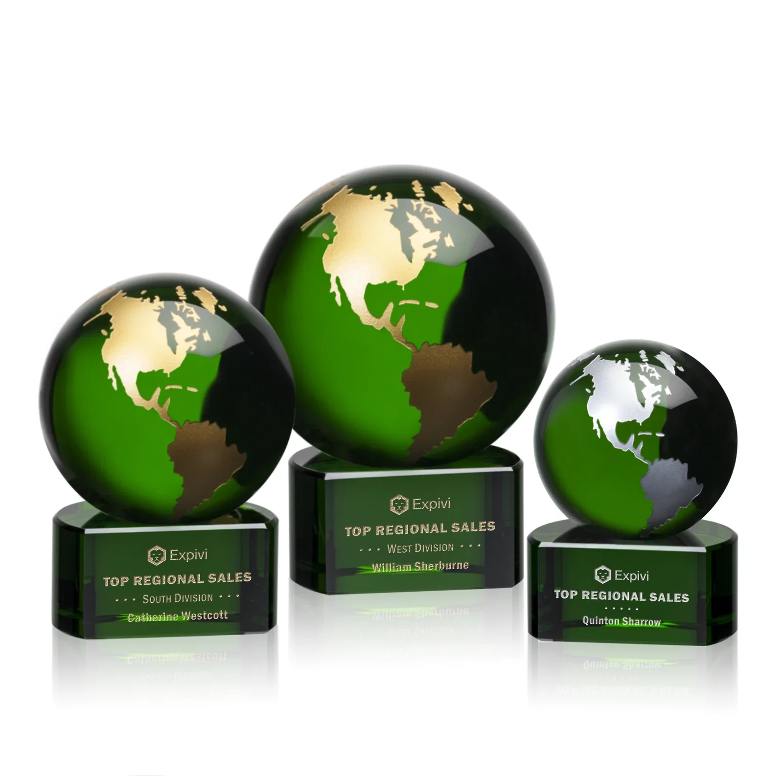 Custom Emerald Optical Crystal Globe Award on Hand Deep-Etched Matching Base for employee recognition
