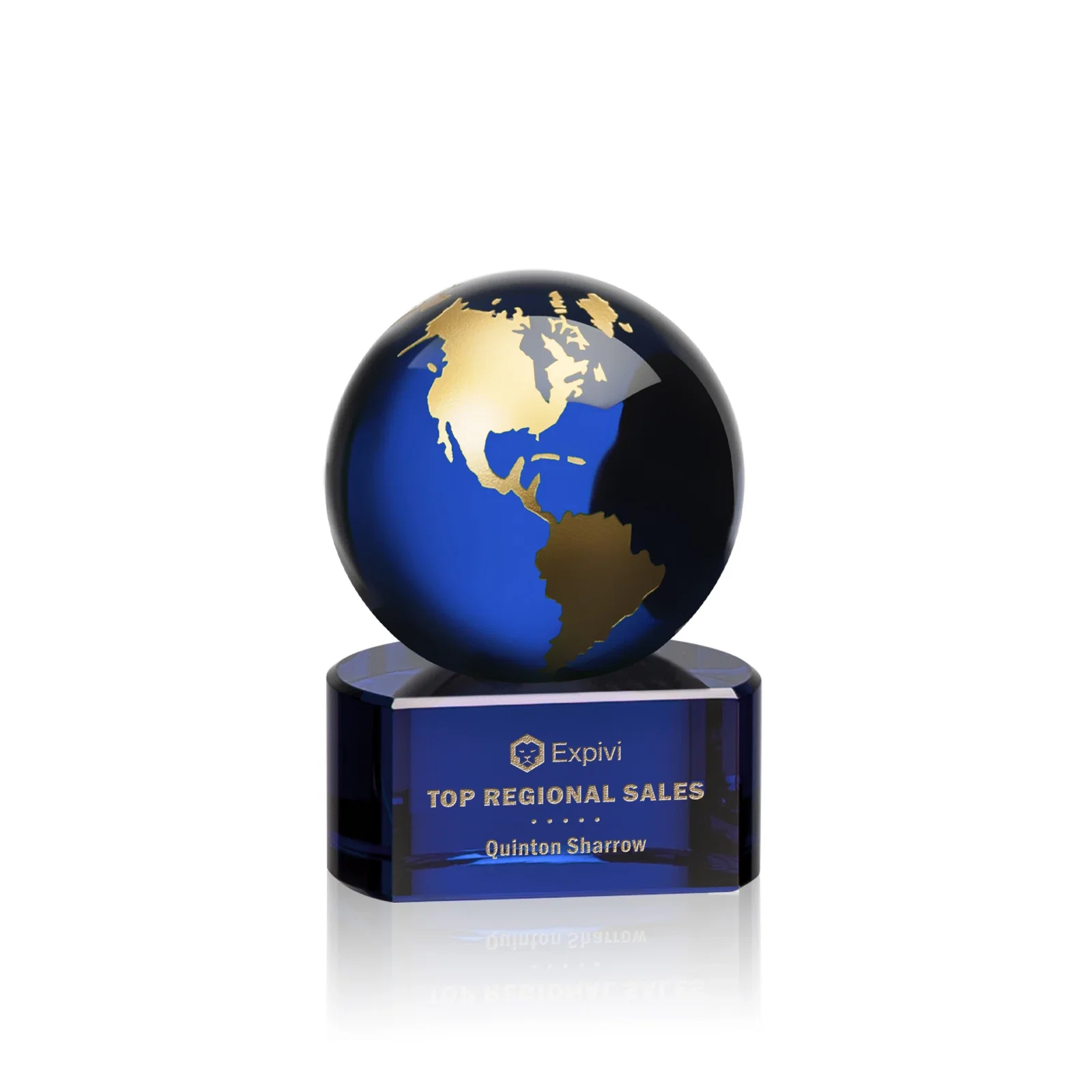 Custom Emerald Optical Crystal Globe Award on Hand Deep-Etched Matching Base for volunteer appreciation