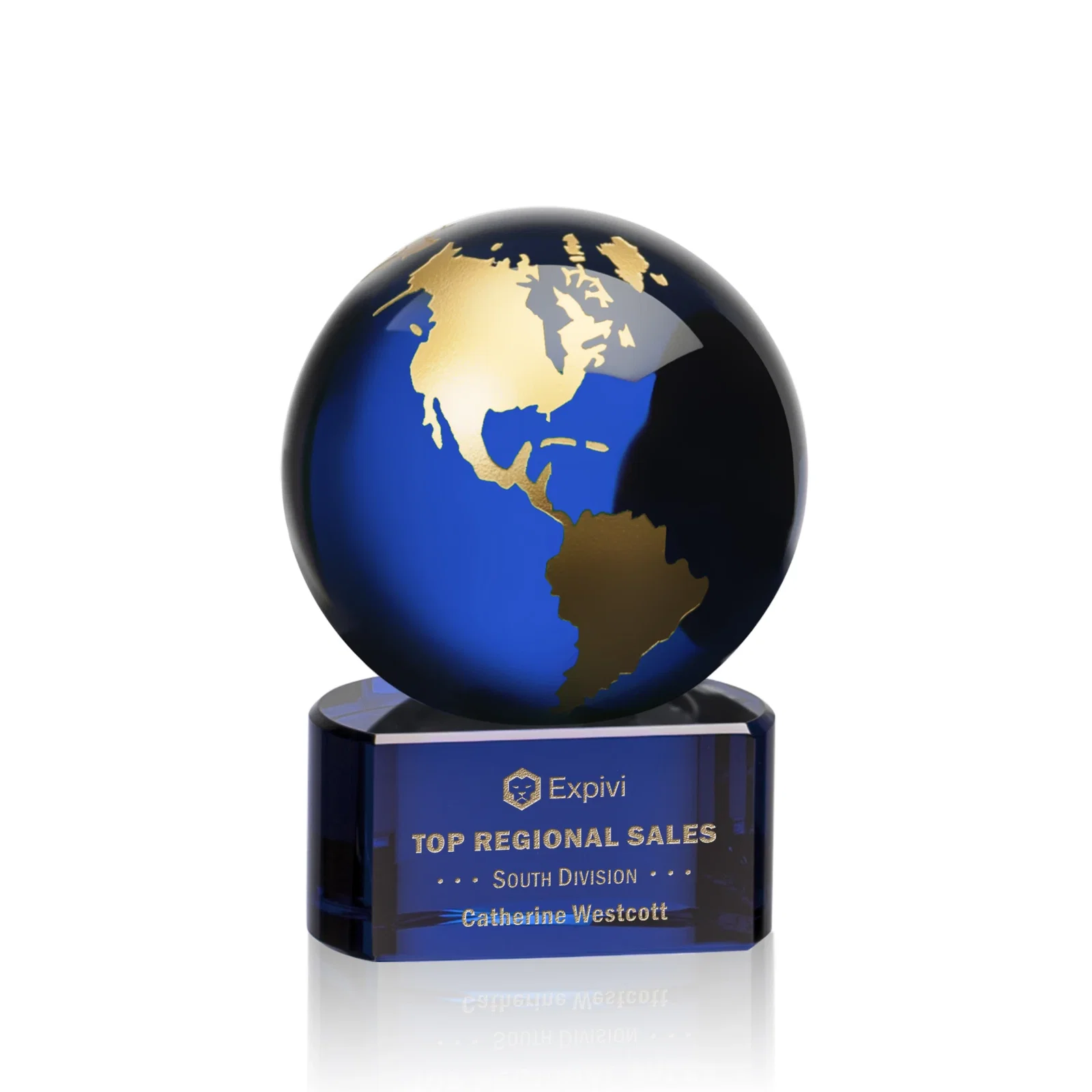 Custom Emerald Optical Crystal Globe Award on Hand Deep-Etched Matching Base for dealer and partner awards