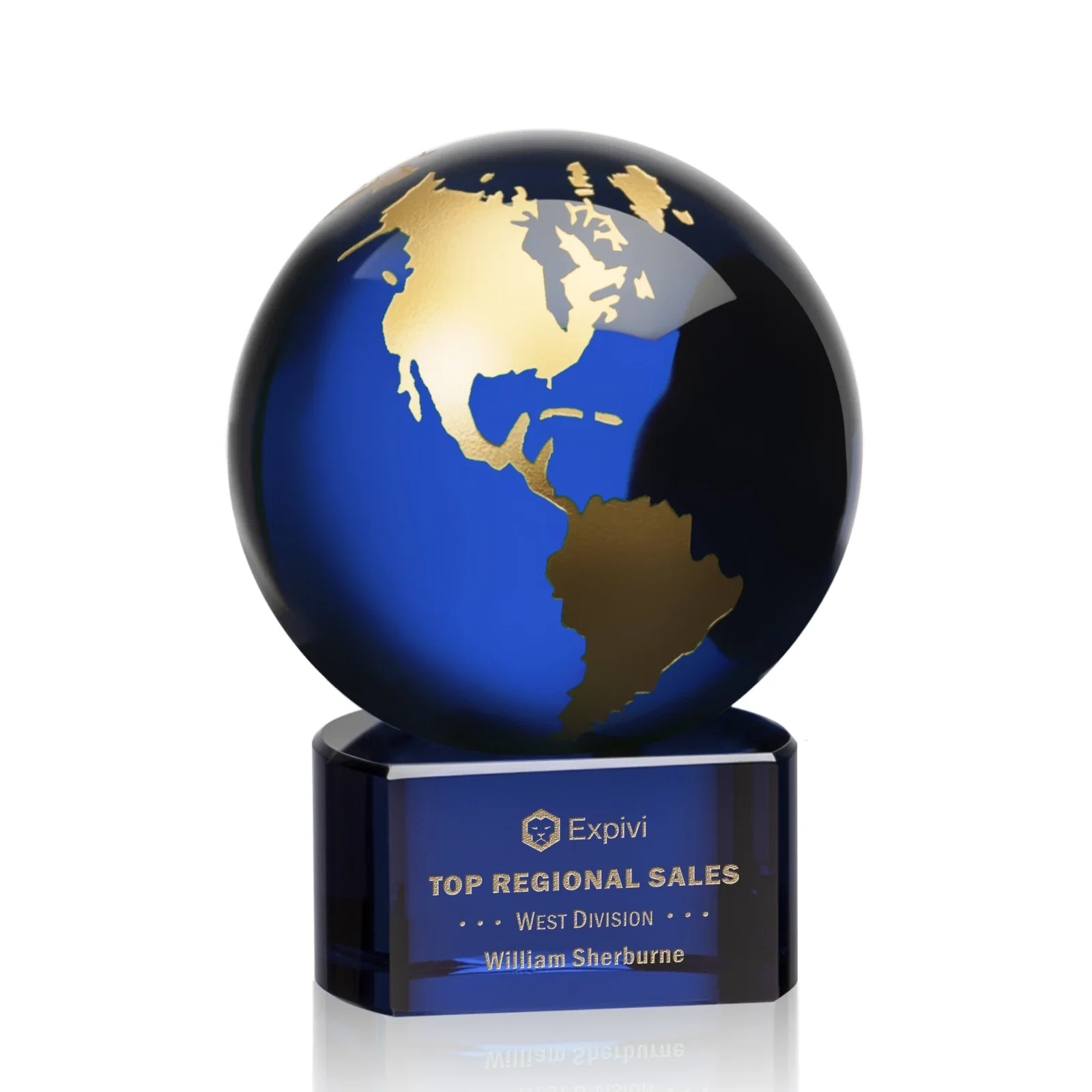 Custom Emerald Optical Crystal Globe Award on Hand Deep-Etched Matching Base for company anniversary events