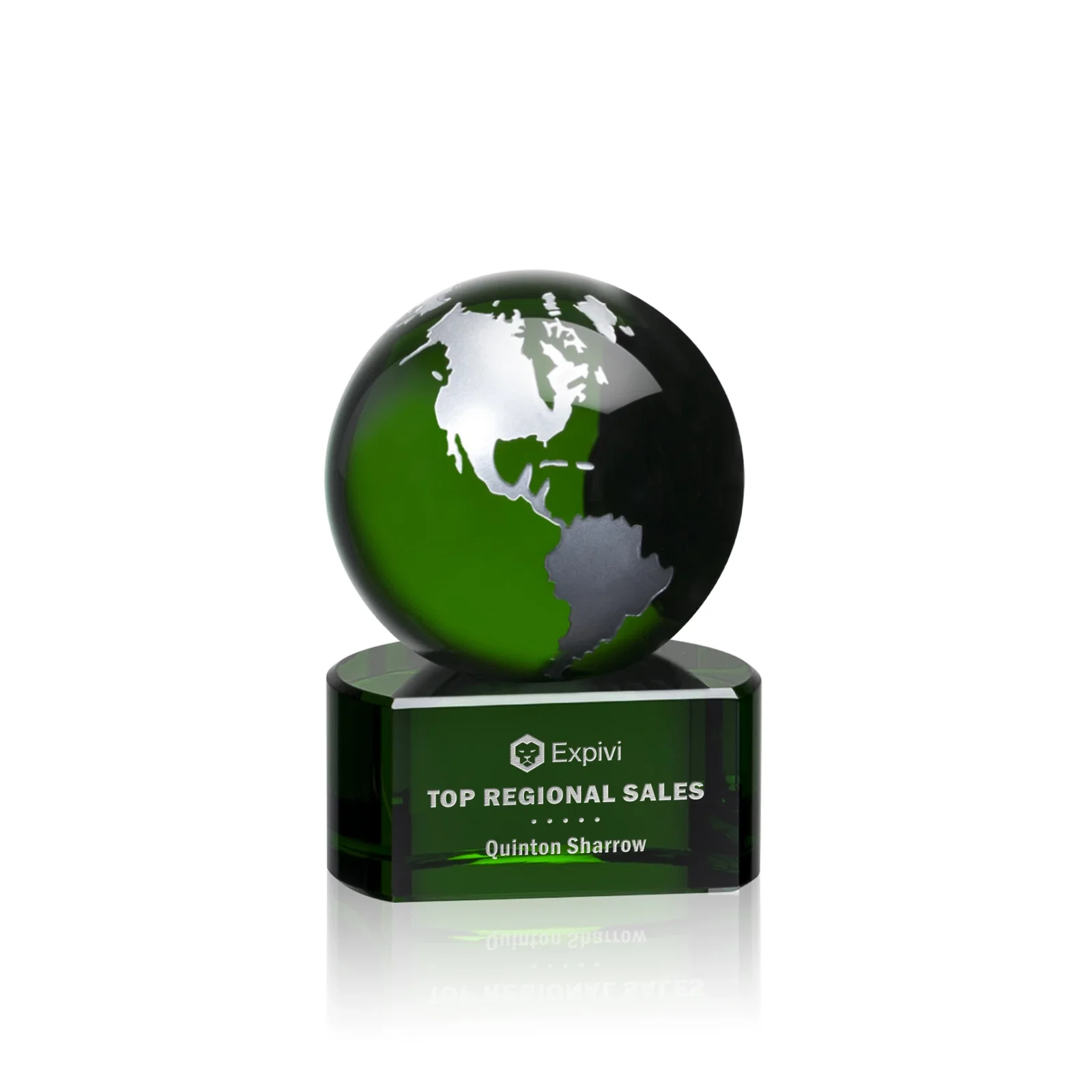 Personalized Emerald Optical Crystal Globe Award on Hand Deep-Etched Matching Base for employee recognition