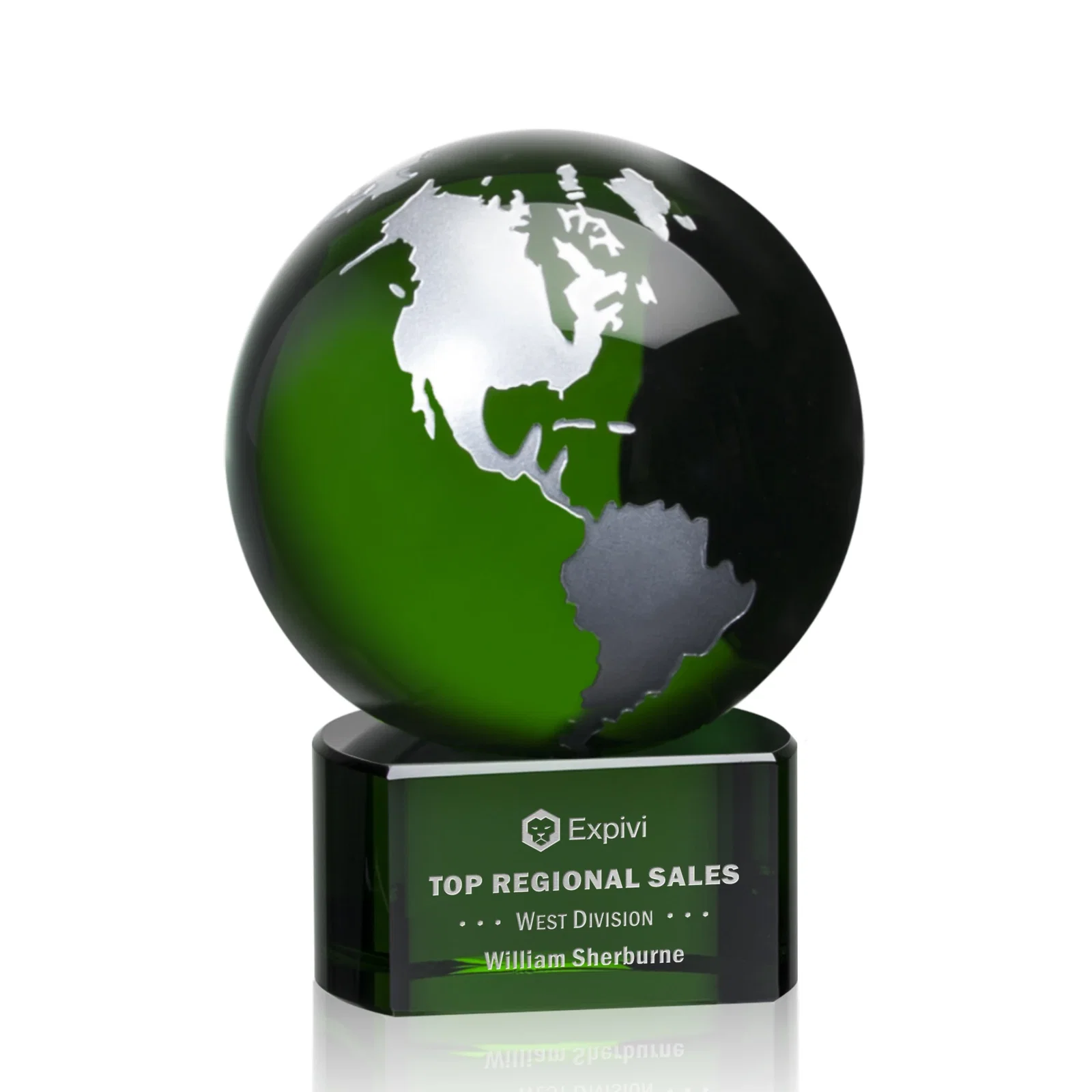 Personalized Emerald Optical Crystal Globe Award on Hand Deep-Etched Matching Base for service anniversary gifts