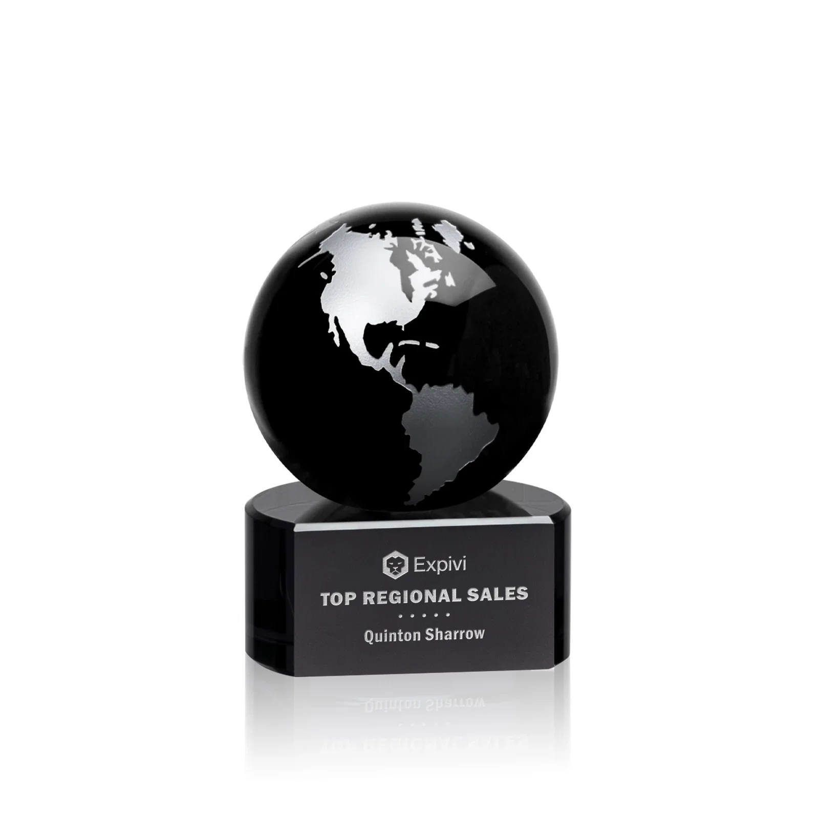 Personalized Emerald Optical Crystal Globe Award on Hand Deep-Etched Matching Base for sales achievement awards