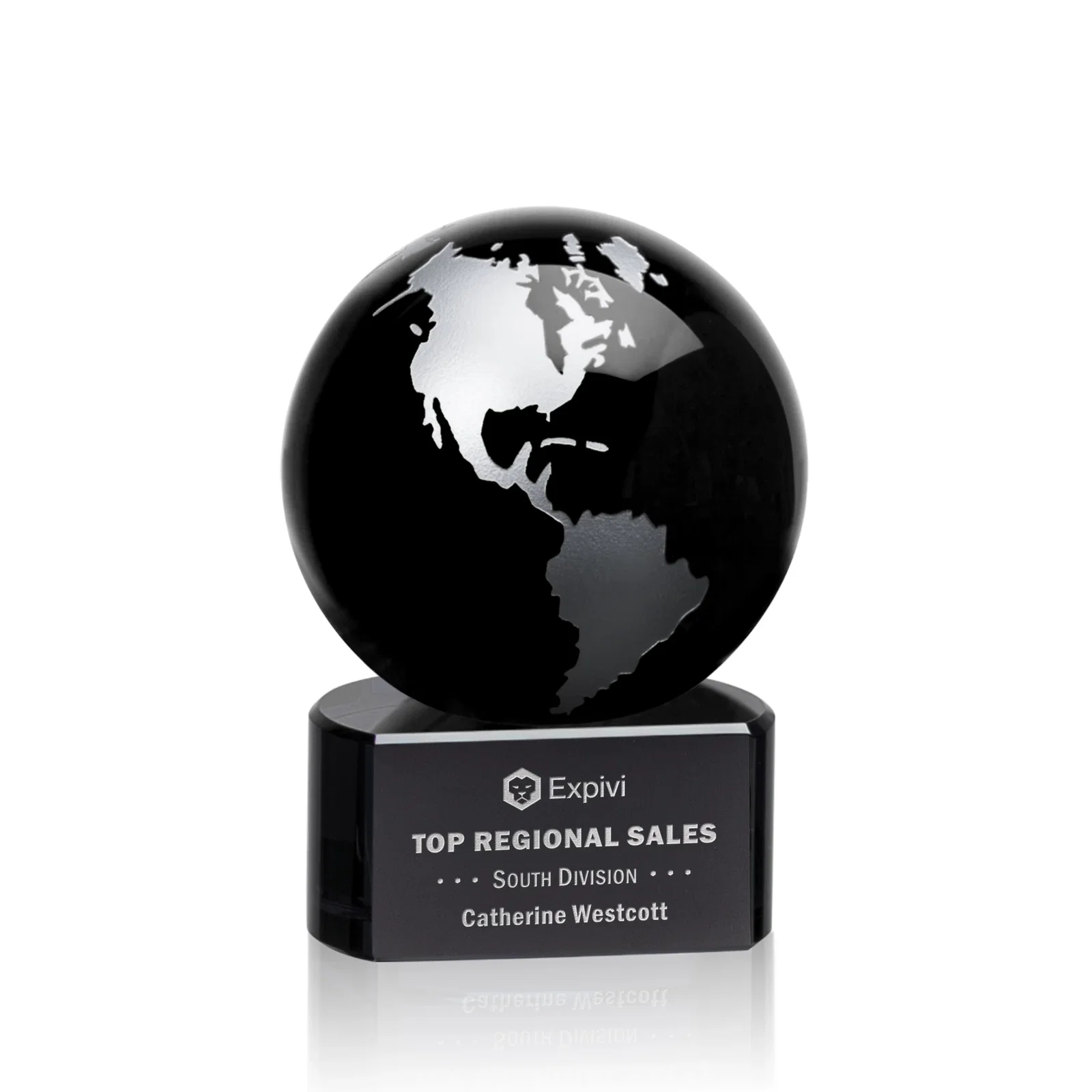 Personalized Emerald Optical Crystal Globe Award on Hand Deep-Etched Matching Base for retirement presentations