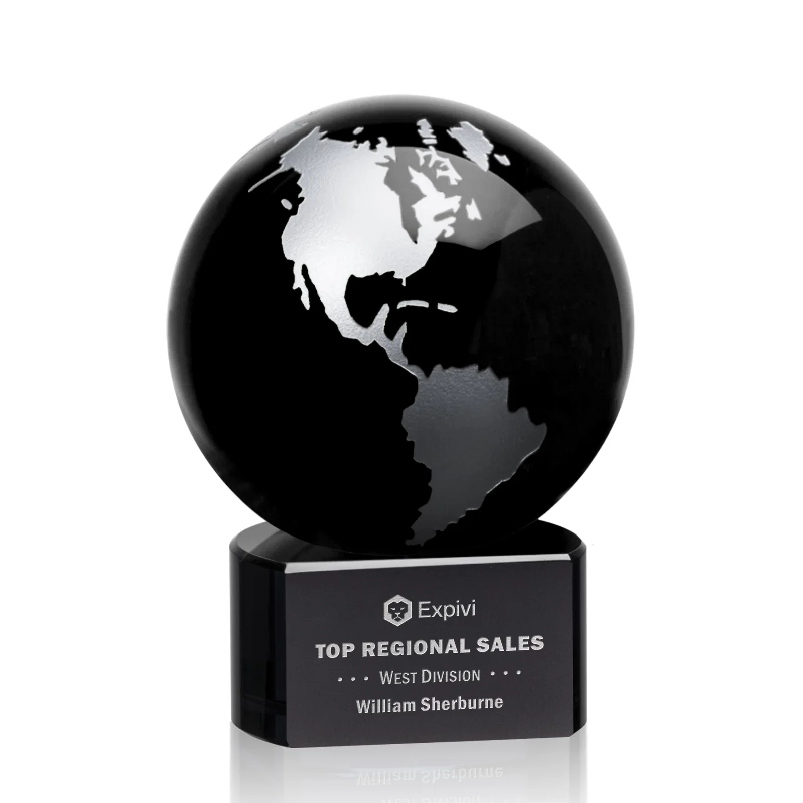 Personalized Emerald Optical Crystal Globe Award on Hand Deep-Etched Matching Base for team milestone celebrations