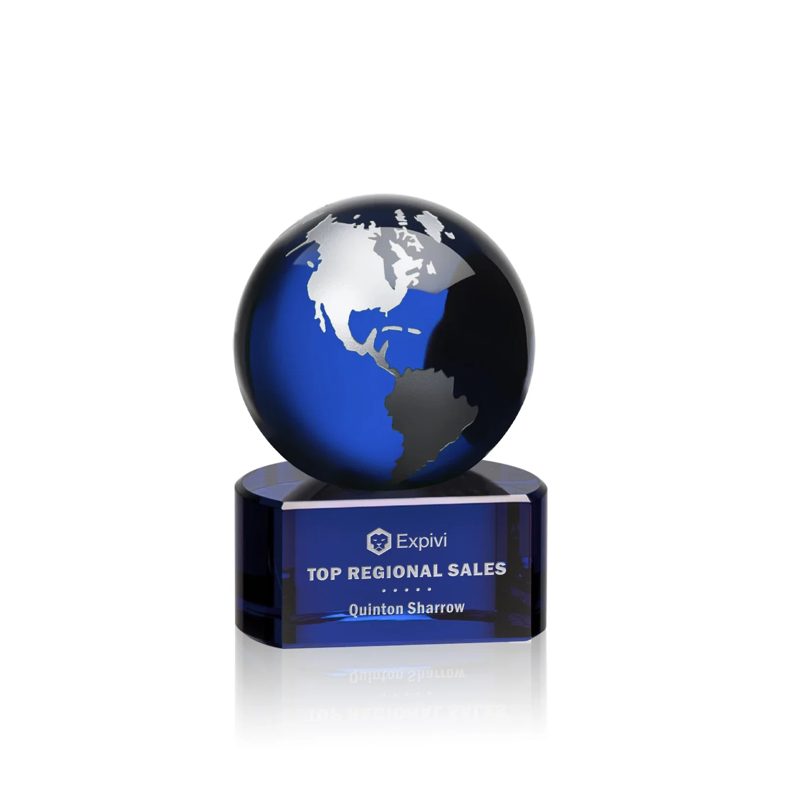 Personalized Emerald Optical Crystal Globe Award on Hand Deep-Etched Matching Base for donor appreciation
