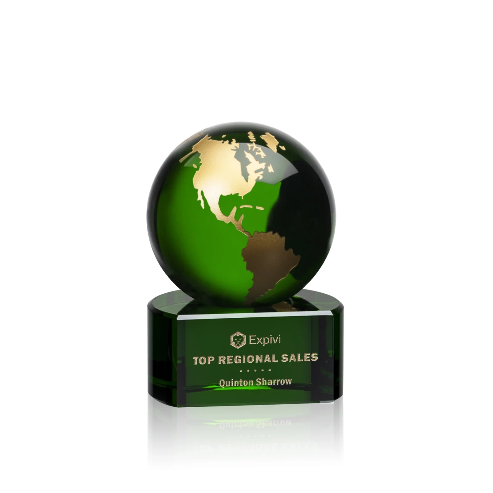 Custom Emerald Optical Crystal Globe Award on Hand Deep-Etched Matching Base for corporate award ceremonies