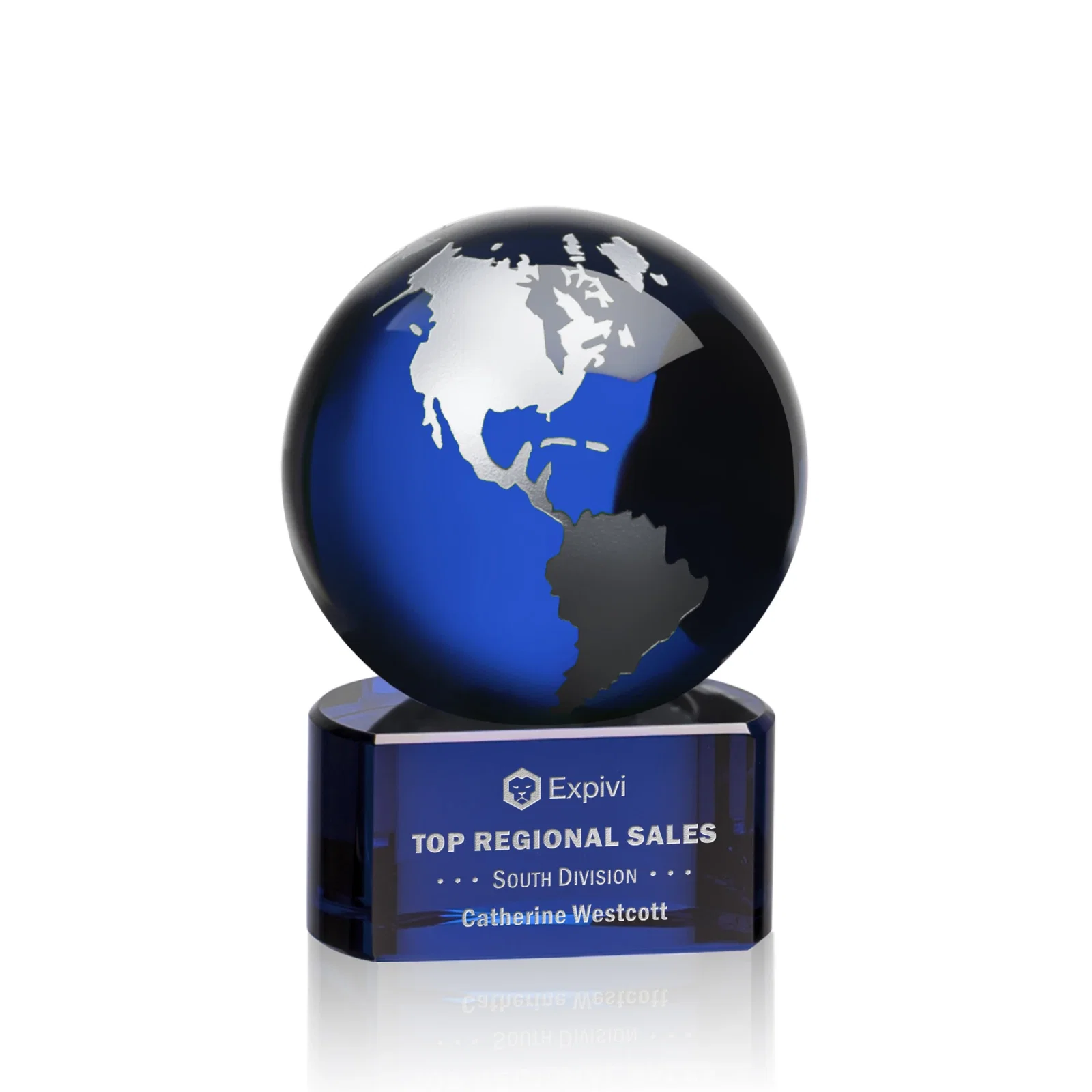 Personalized Emerald Optical Crystal Globe Award on Hand Deep-Etched Matching Base for graduation ceremonies