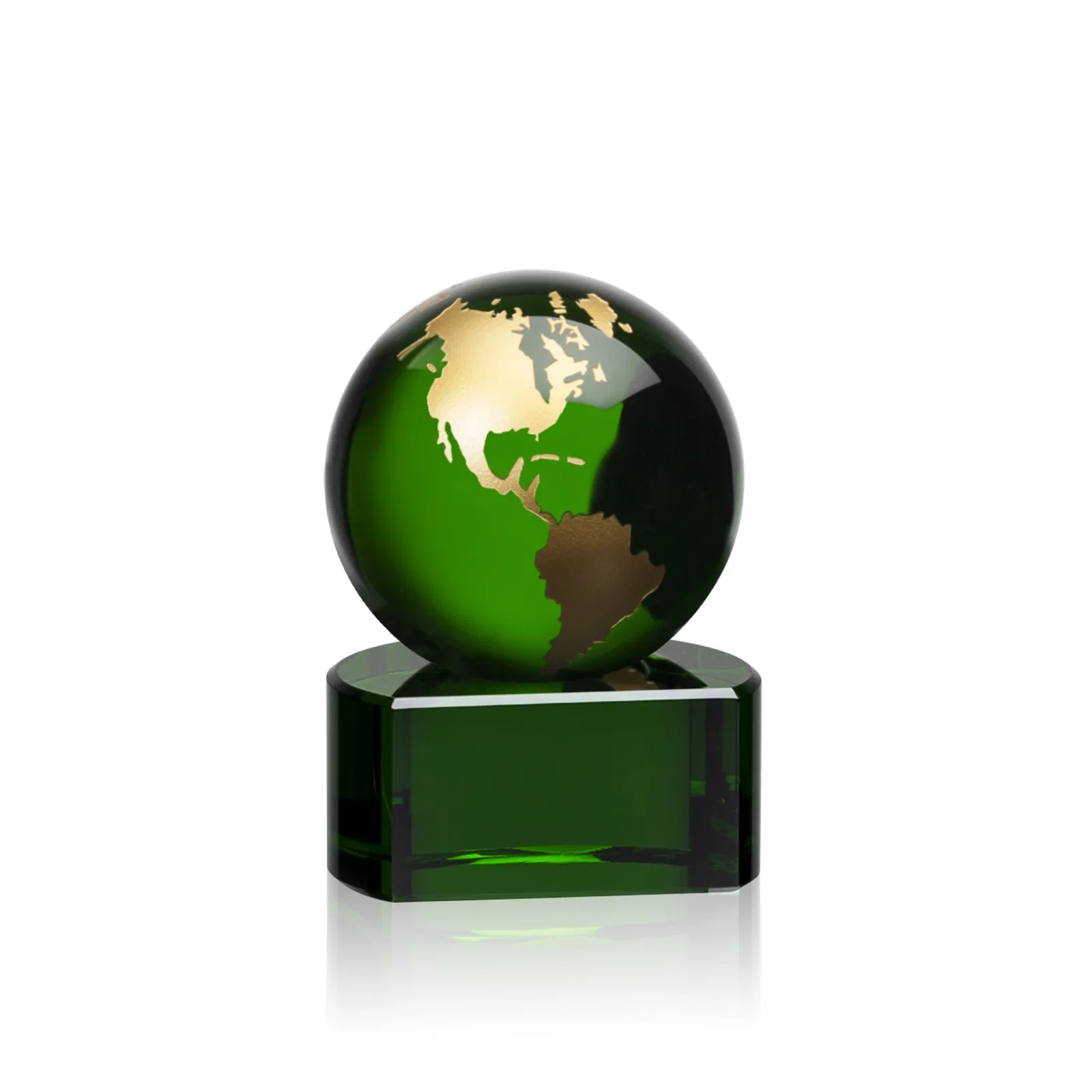 Personalized Emerald Optical Crystal Globe Award on Hand Deep-Etched Matching Base for volunteer appreciation