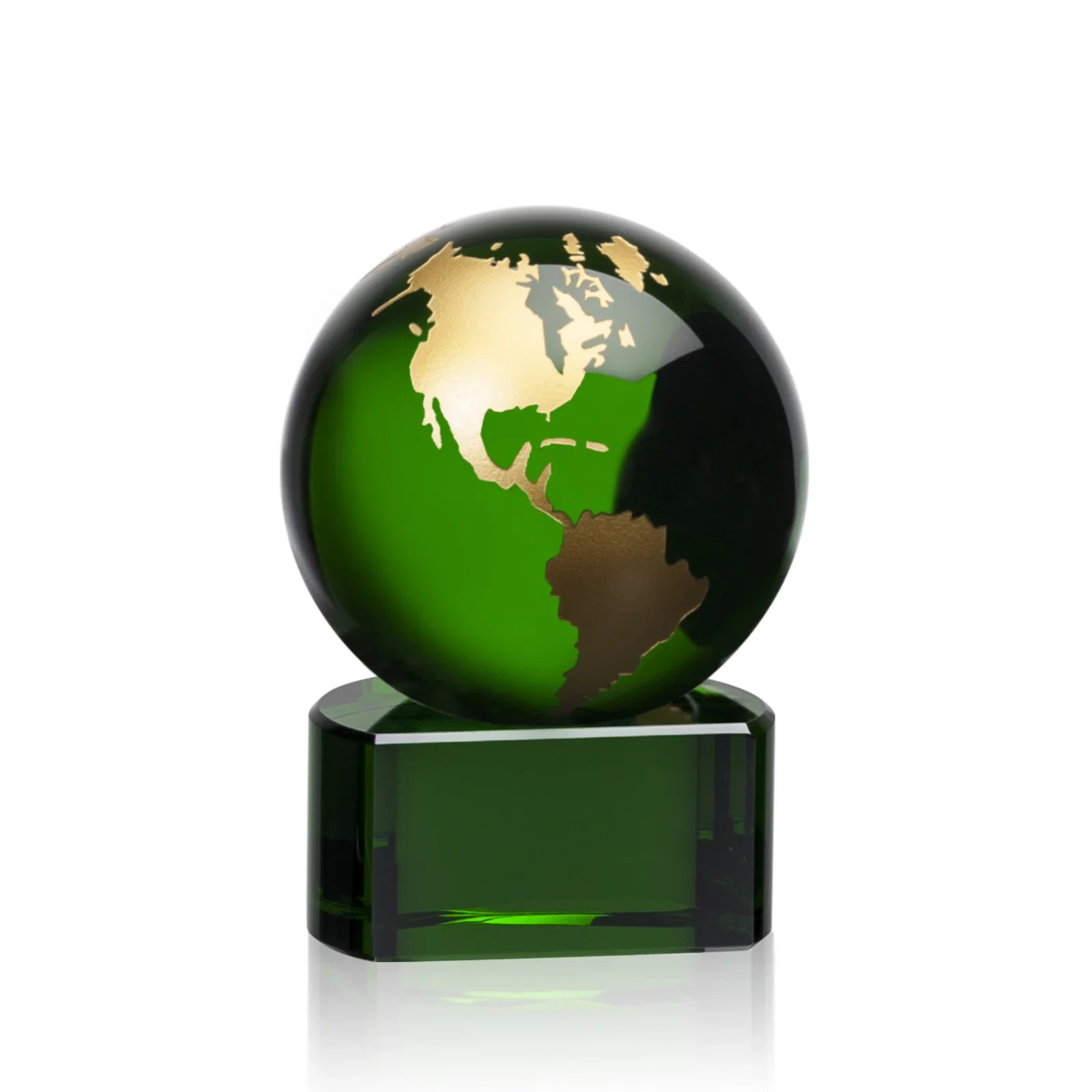 Personalized Emerald Optical Crystal Globe Award on Hand Deep-Etched Matching Base for dealer and partner awards