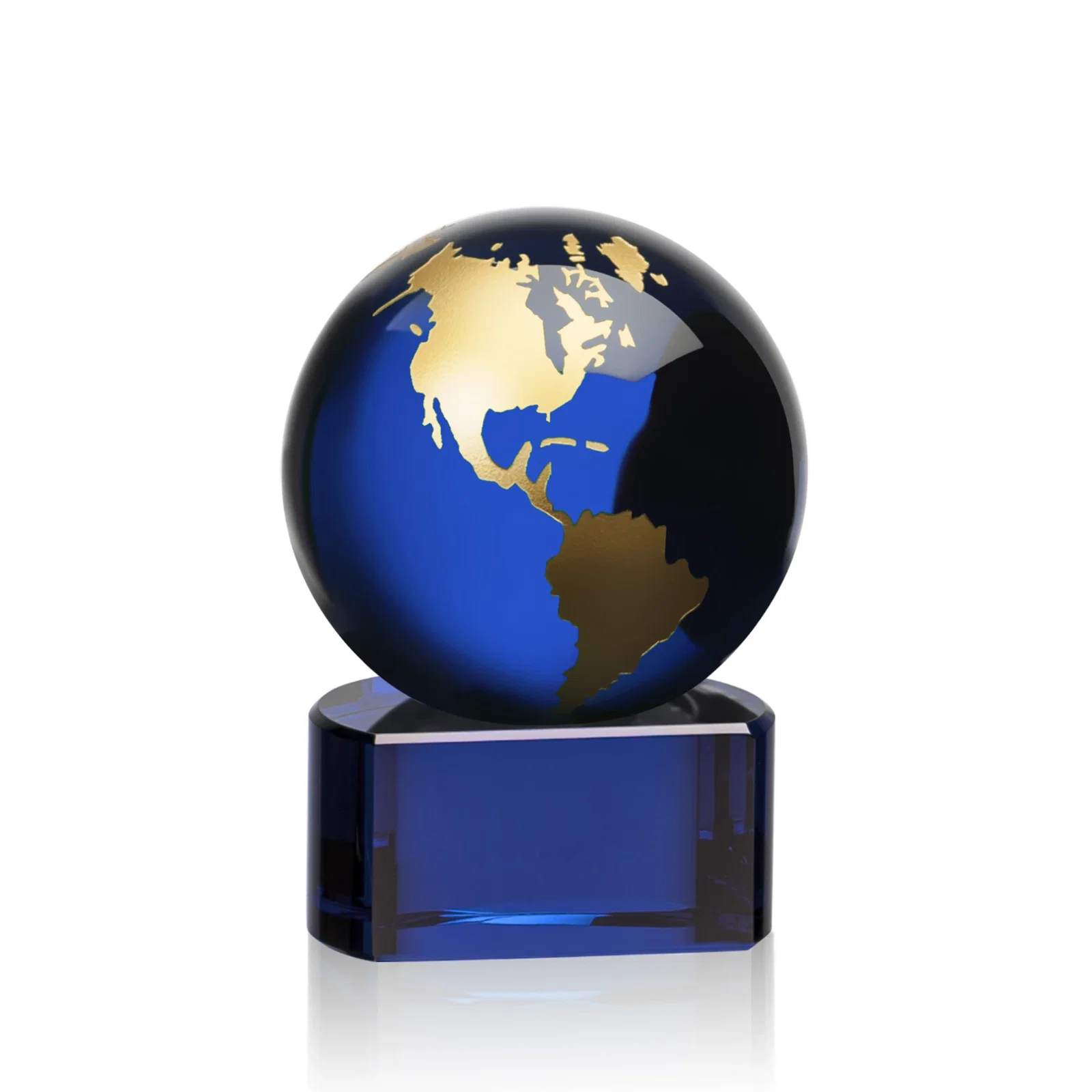 Promotional Emerald Optical Crystal Globe Award on Hand Deep-Etched Matching Base for retirement presentations
