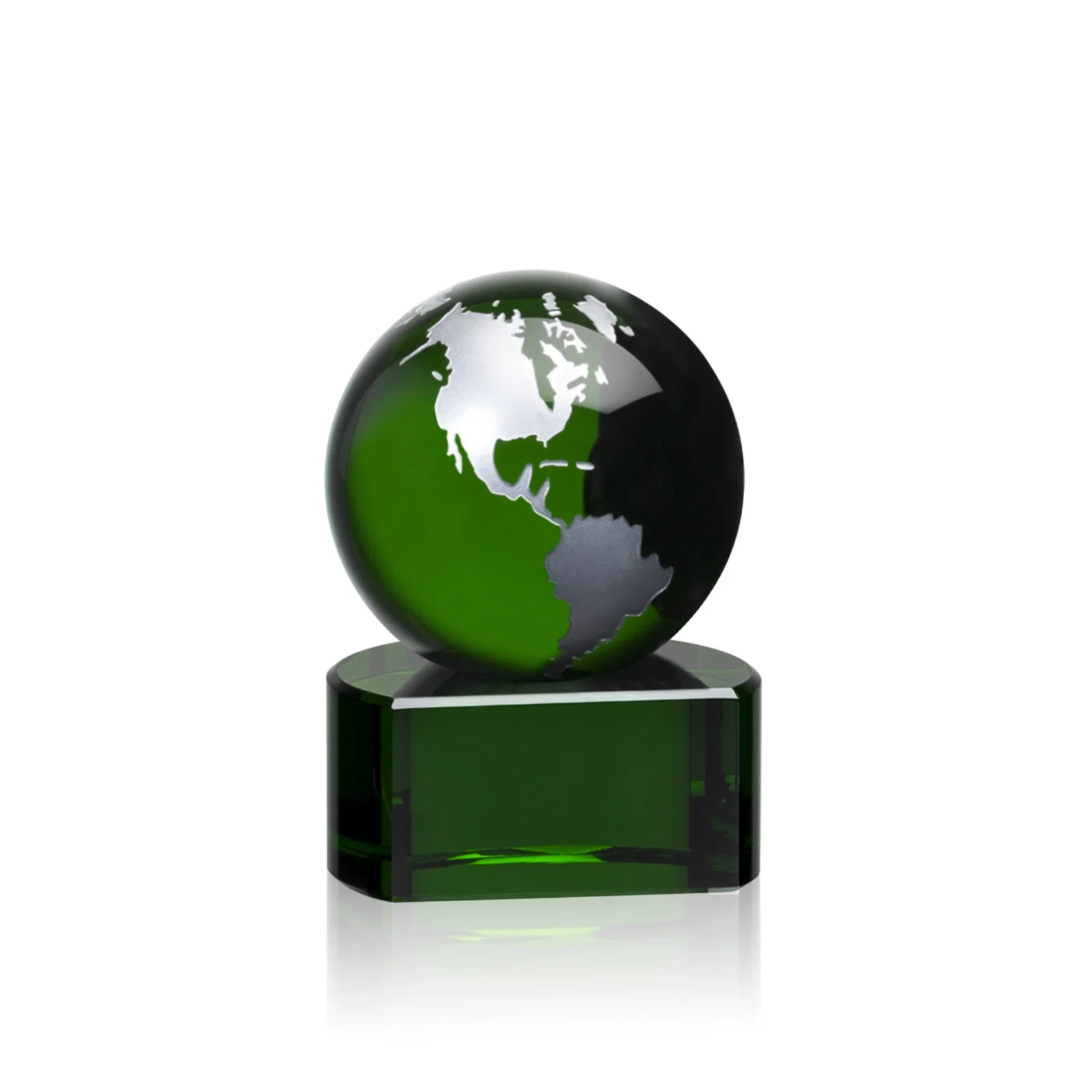 Promotional Emerald Optical Crystal Globe Award on Hand Deep-Etched Matching Base for donor appreciation