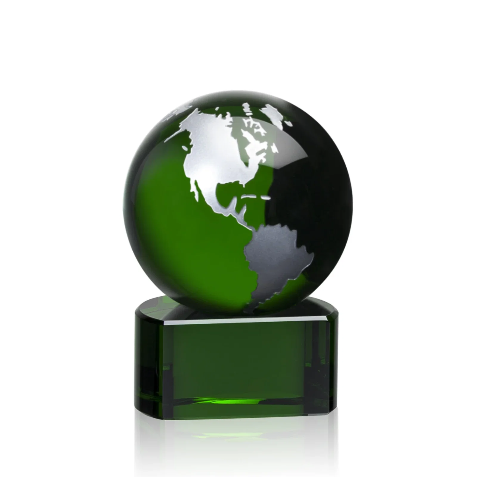 Promotional Emerald Optical Crystal Globe Award on Hand Deep-Etched Matching Base for graduation ceremonies