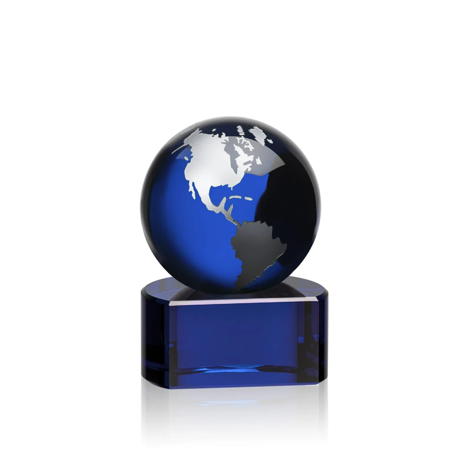 Branded Emerald Optical Crystal Globe Award on Hand Deep-Etched Matching Base for employee recognition