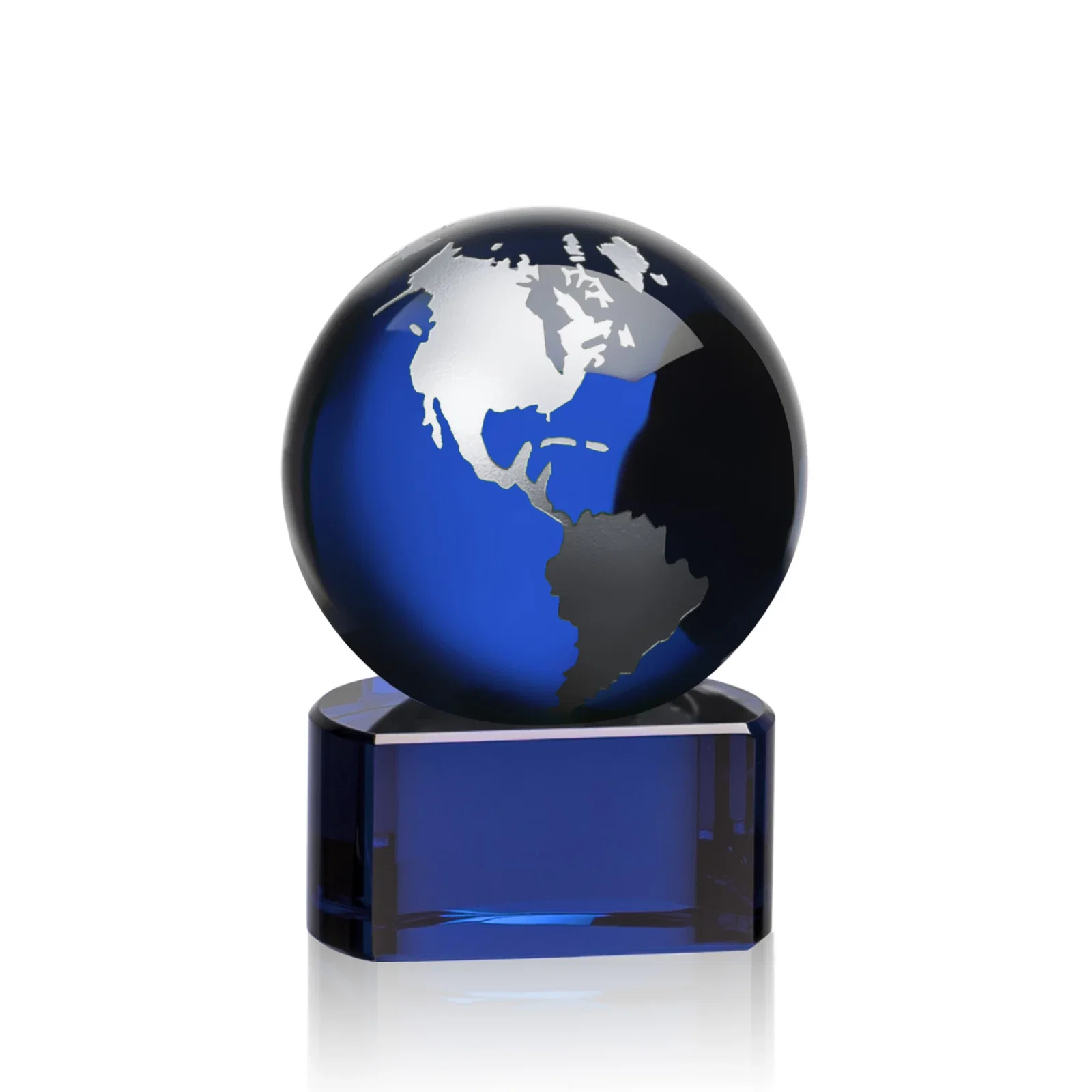 Branded Emerald Optical Crystal Globe Award on Hand Deep-Etched Matching Base for corporate award ceremonies