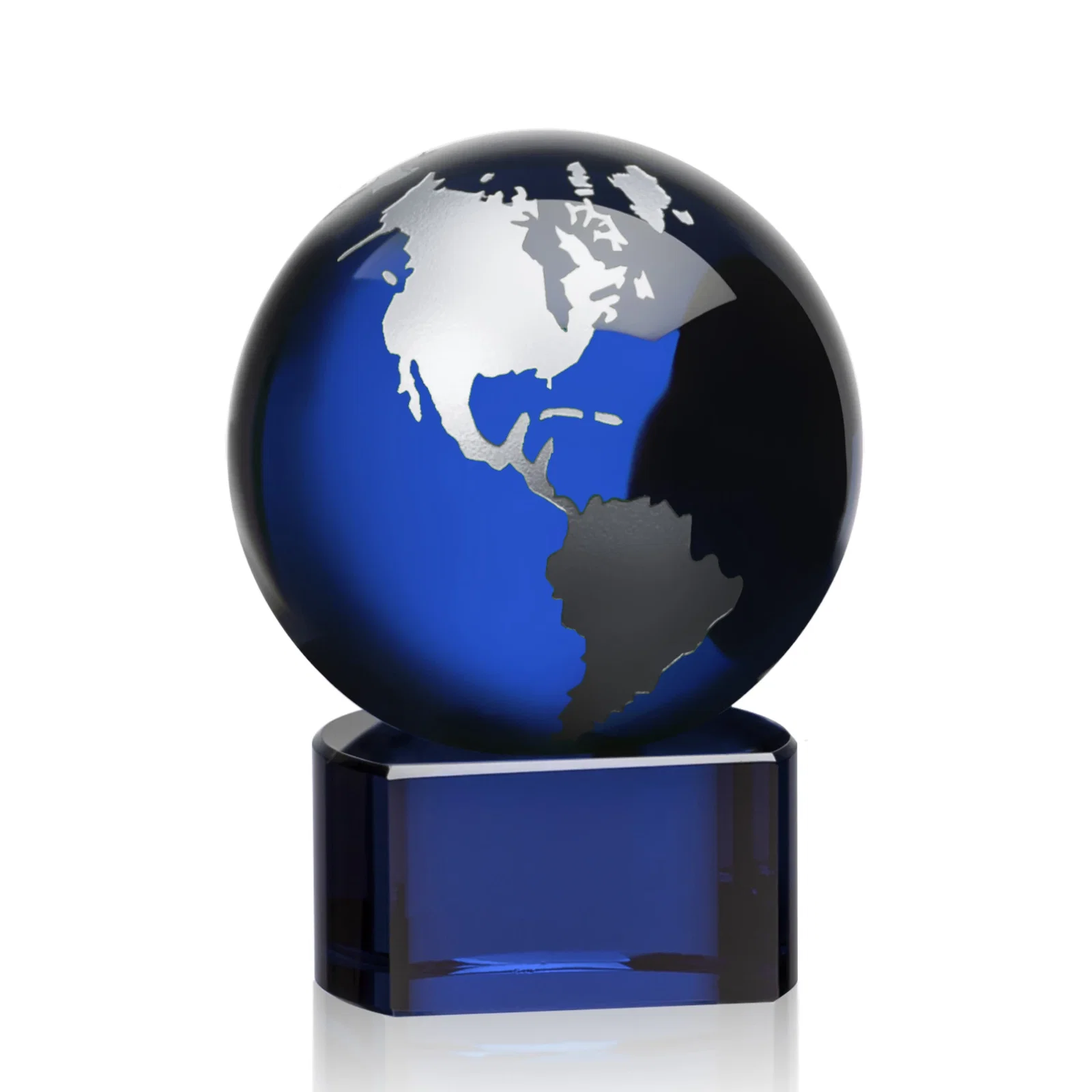 Branded Emerald Optical Crystal Globe Award on Hand Deep-Etched Matching Base for service anniversary gifts