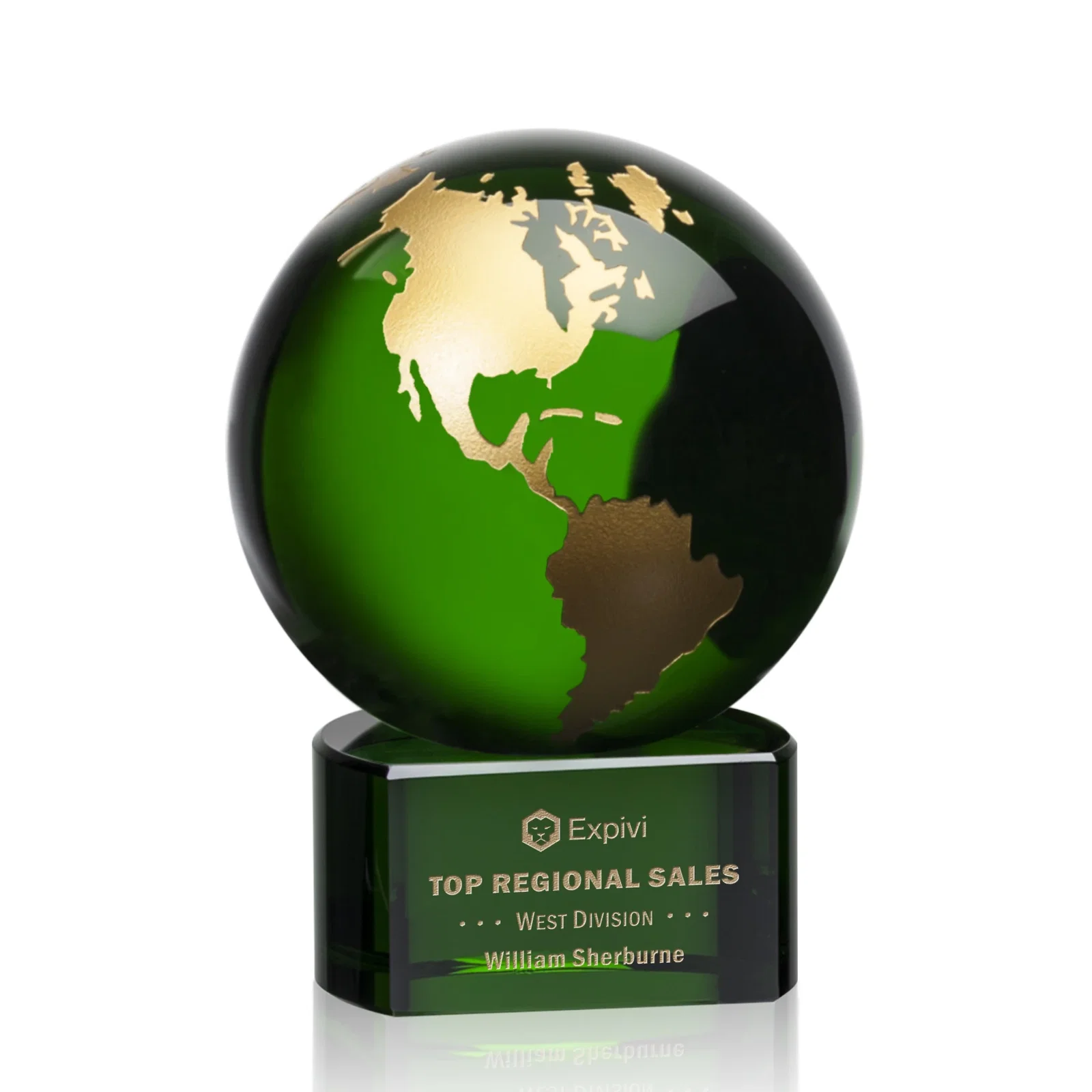Custom Emerald Optical Crystal Globe Award on Hand Deep-Etched Matching Base for sales achievement awards