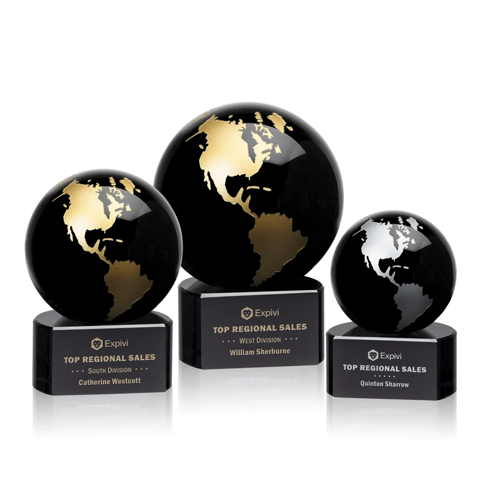 Custom Emerald Optical Crystal Globe Award on Hand Deep-Etched Matching Base for retirement presentations