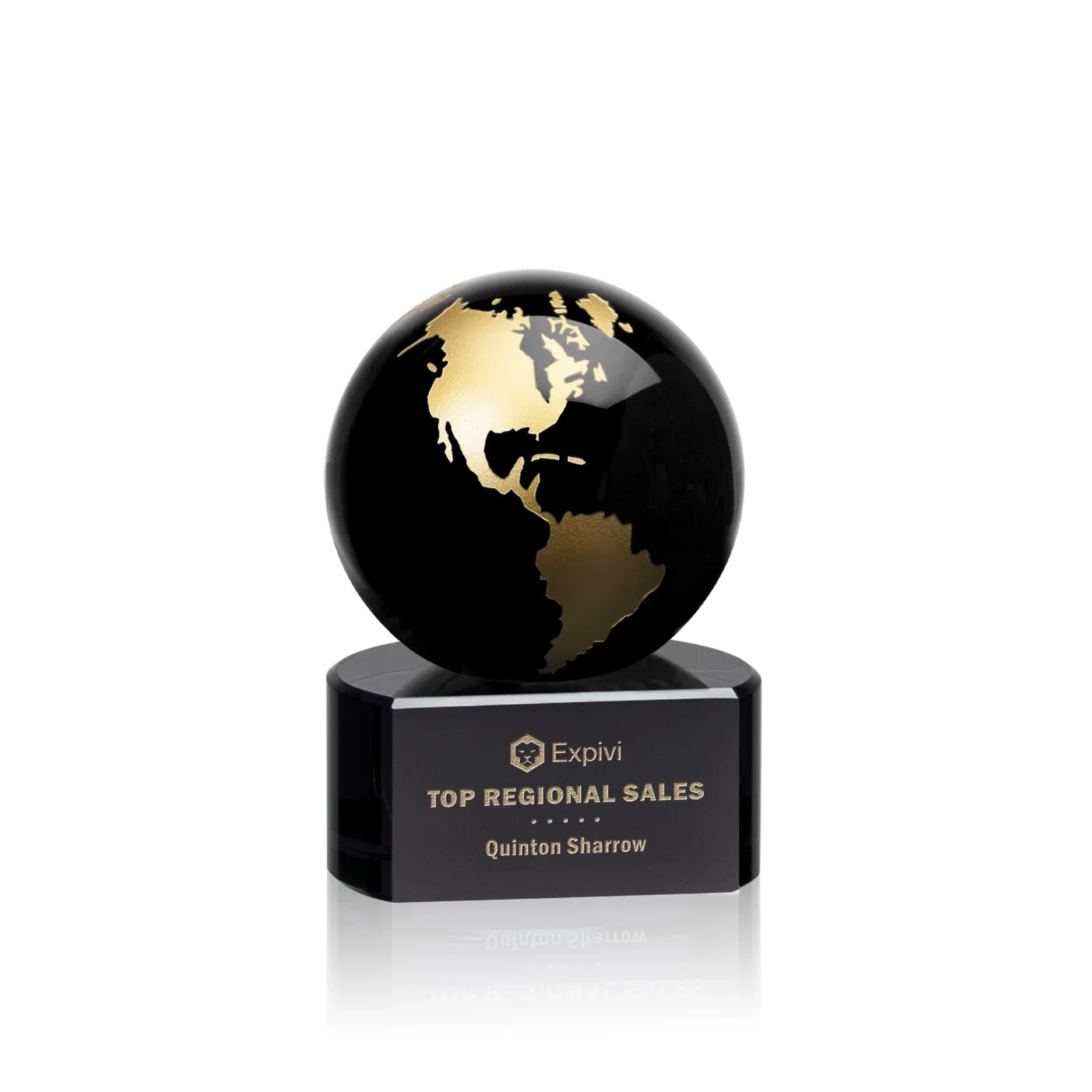 Custom Emerald Optical Crystal Globe Award on Hand Deep-Etched Matching Base for team milestone celebrations